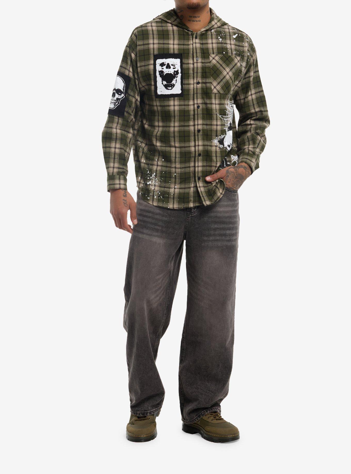 Green Plaid Skull Patches Hooded Flannel Button-Up, MULTI, alternate