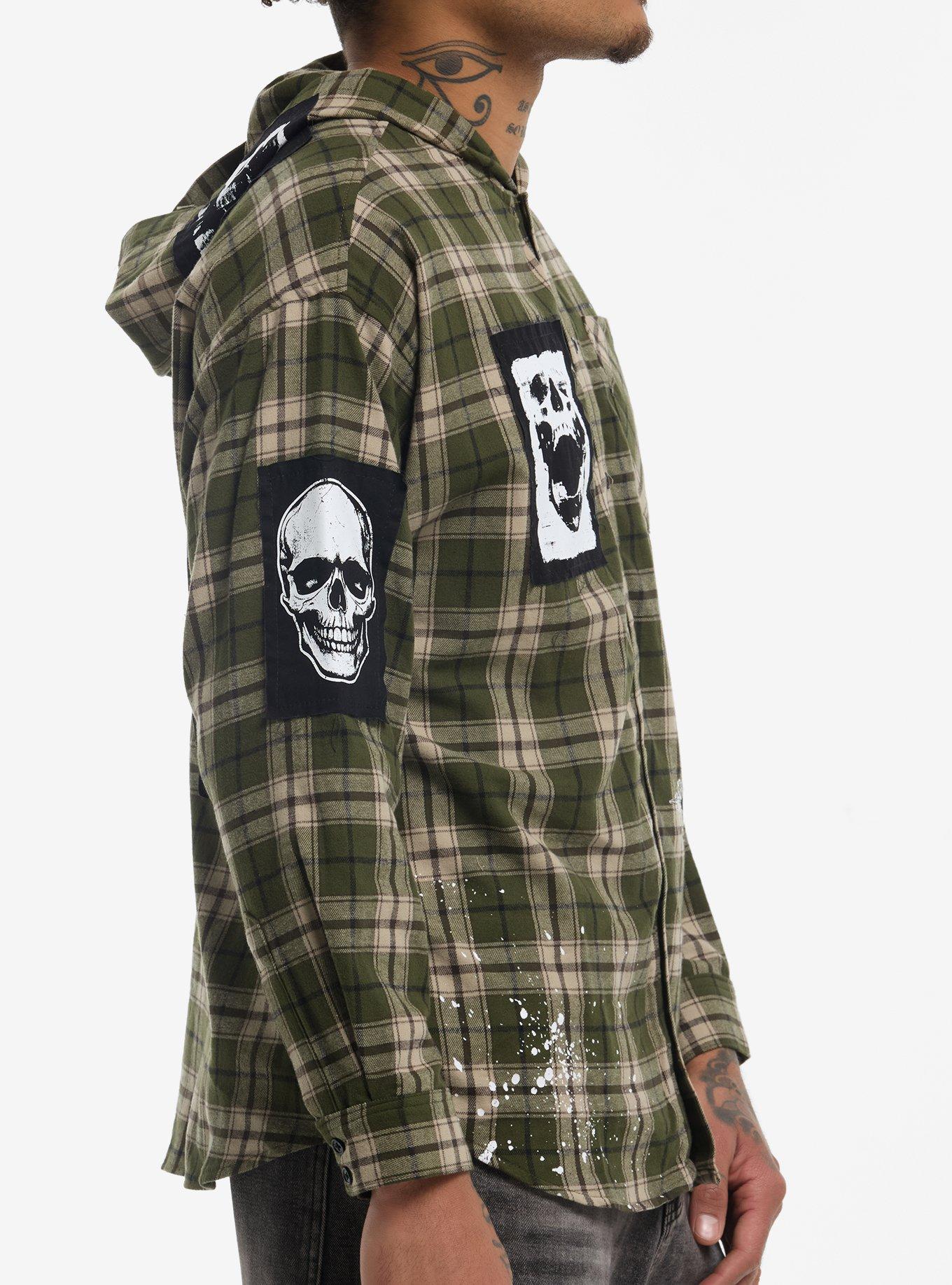 Green Plaid Skull Patches Hooded Flannel Button-Up, MULTI, alternate