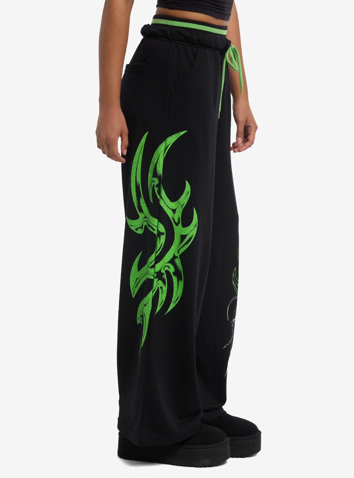 Neon Green Skull Cyber Sigil Wide Leg Lounge Pants, , hi-res