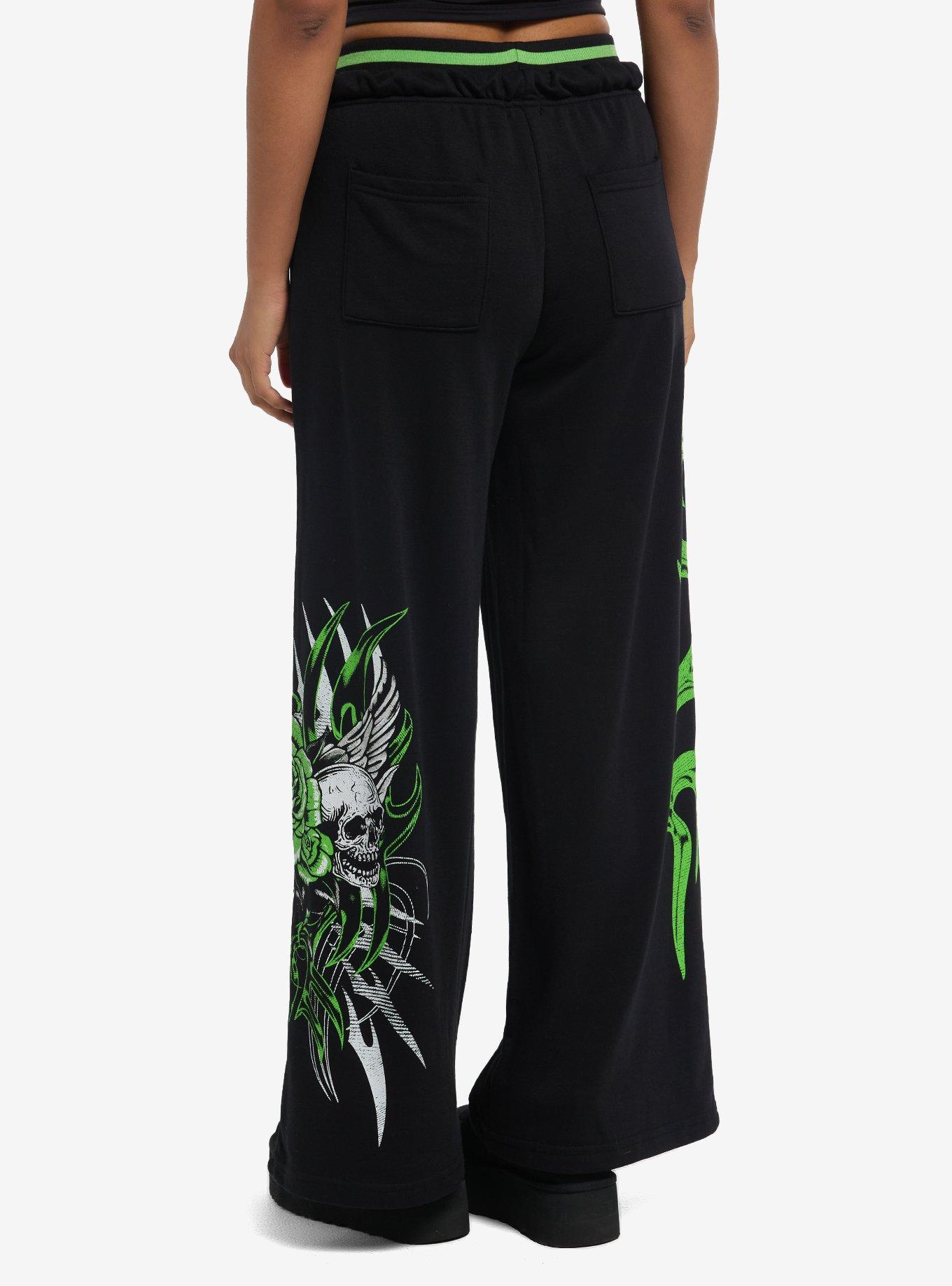 Neon Green Skull Cyber Sigil Wide Leg Lounge Pants, MULTI, alternate