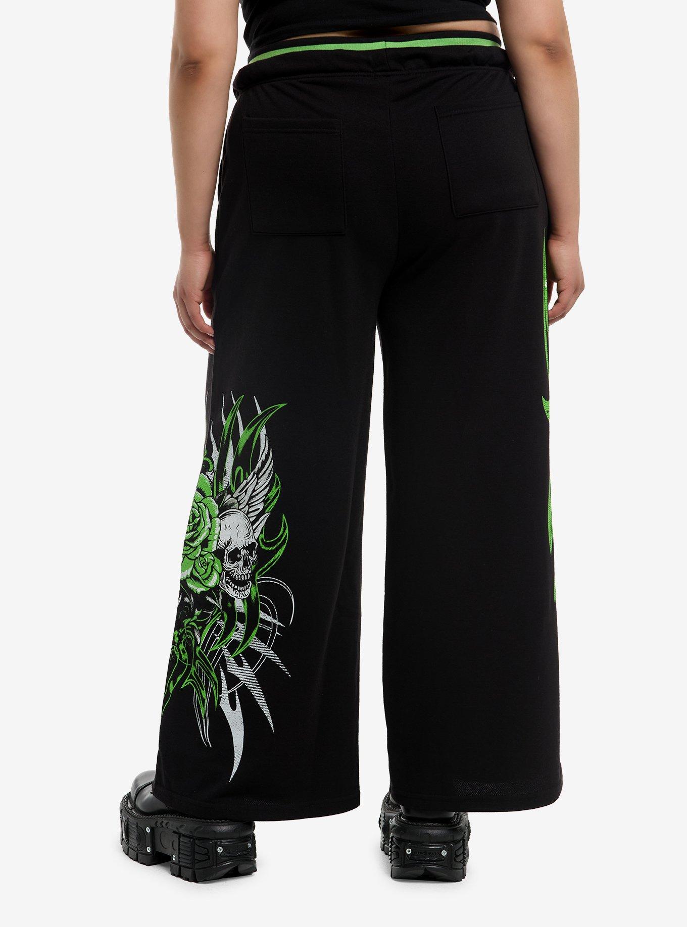 Neon Green Skull Cyber Sigil Wide Leg Lounge Pants Plus Size, , hi-res