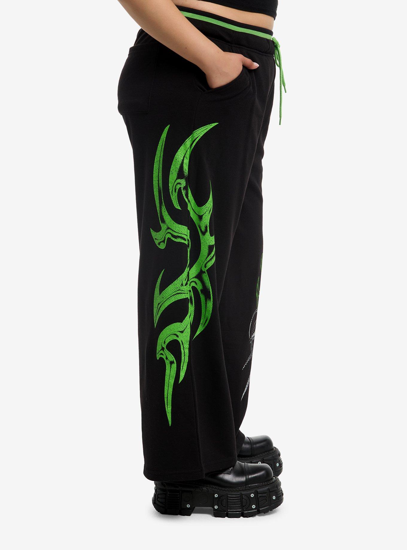 Neon Green Skull Cyber Sigil Wide Leg Lounge Pants Plus Size, MULTI, alternate