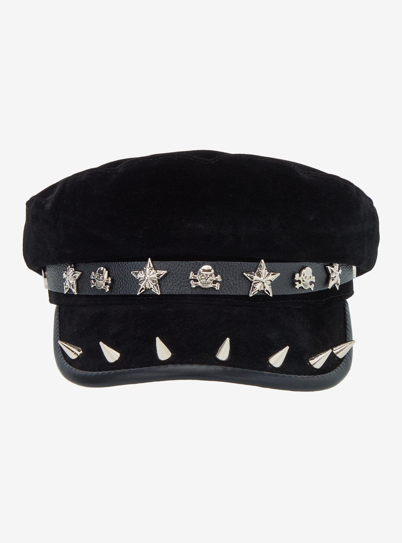 Black Skull Star Spike Cabbie Hat, , hi-res