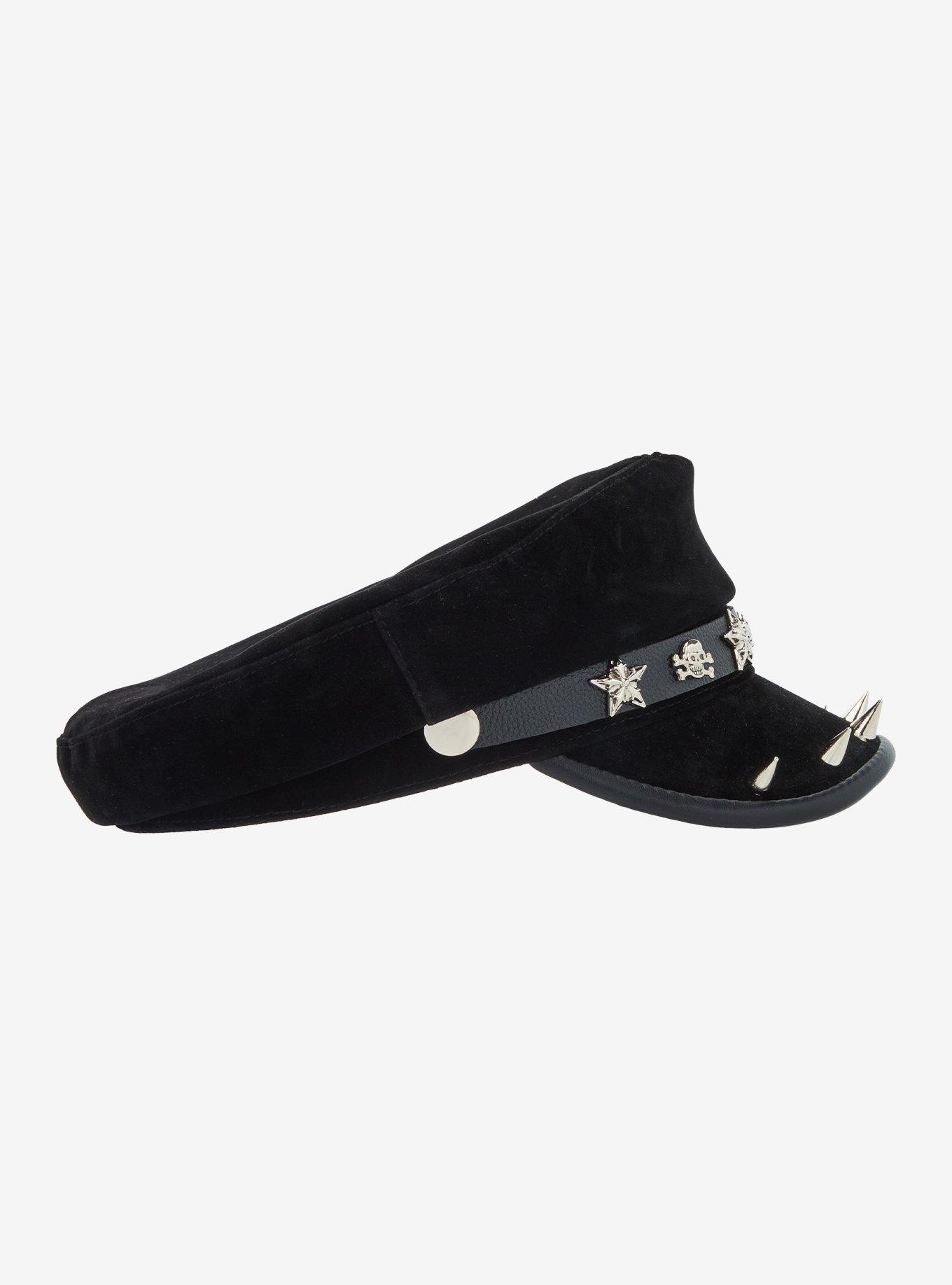 Black Skull Star Spike Cabbie Hat, , alternate