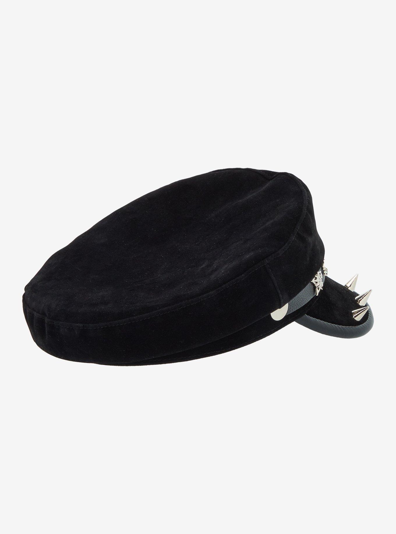 Black Skull Star Spike Cabbie Hat, , alternate