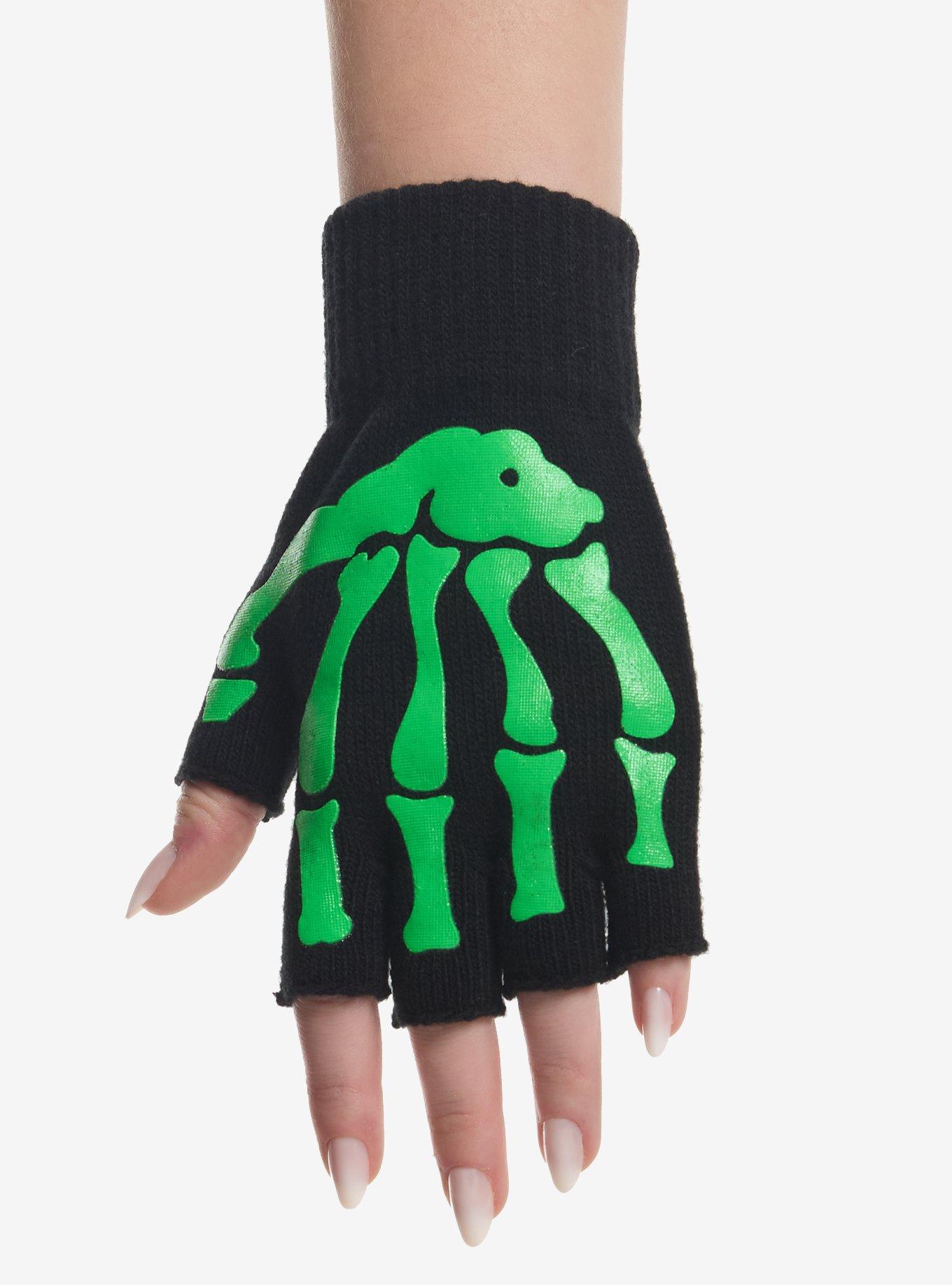 Black & Green Skeleton Glow-In-The-Dark Fingerless Gloves, , hi-res