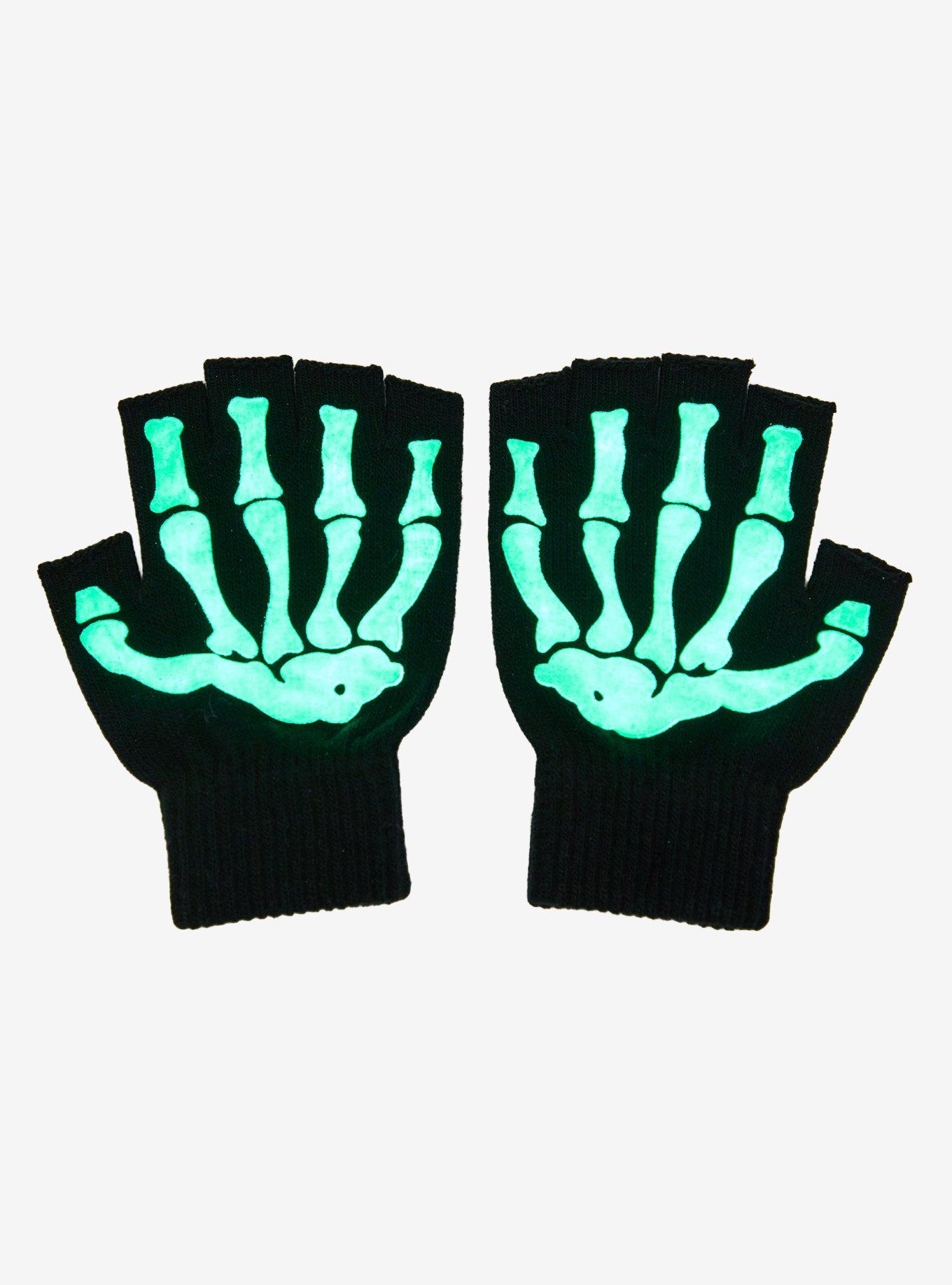 Black & Green Skeleton Glow-In-The-Dark Fingerless Gloves, , alternate