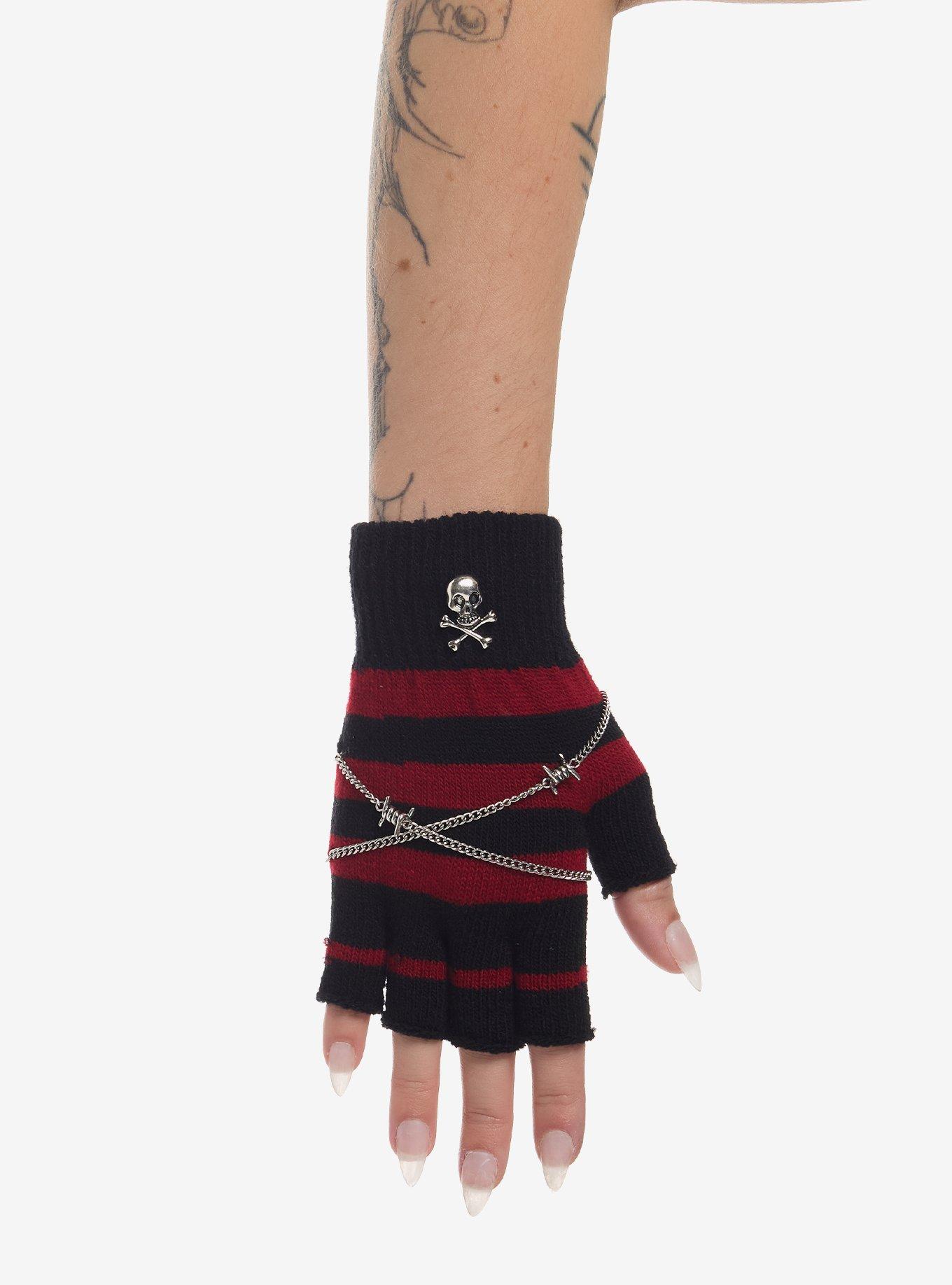 Black & Red Stripe Skull Chain Fingerless Gloves, , hi-res