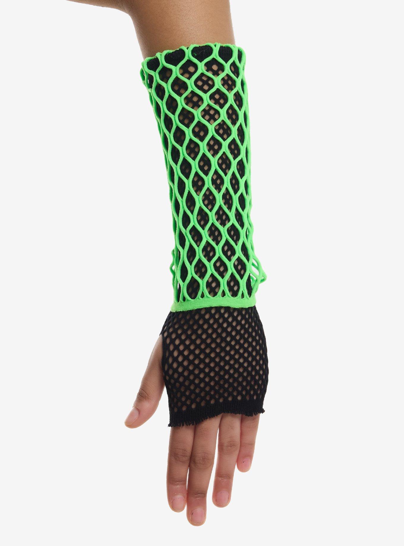 Black & Neon Green Layered Fishnet Arm Warmers, , hi-res