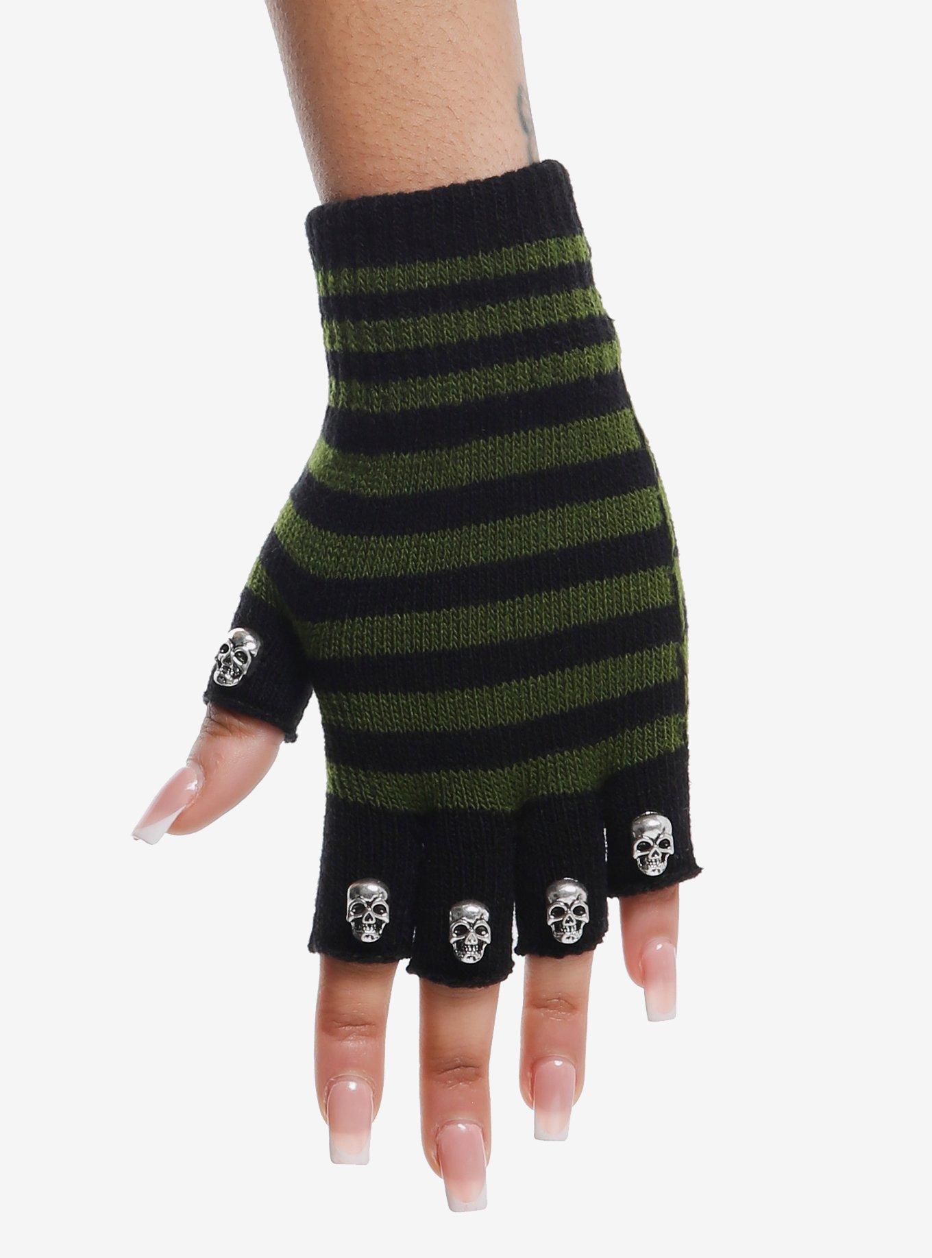 Green & Black Skull Enamel Fingerless Gloves, , hi-res