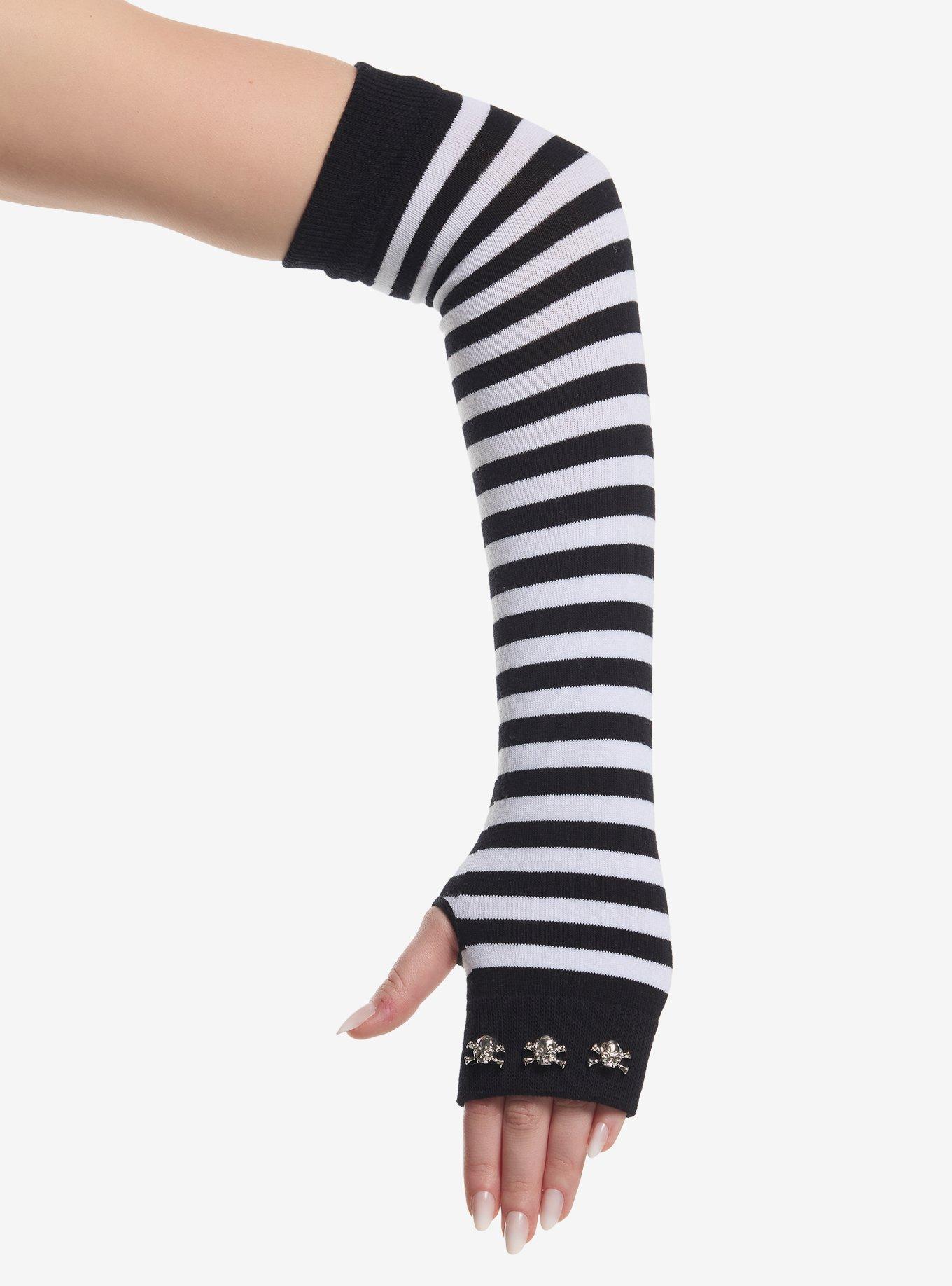 Black & White Stripe Skull Arm Warmers, , hi-res