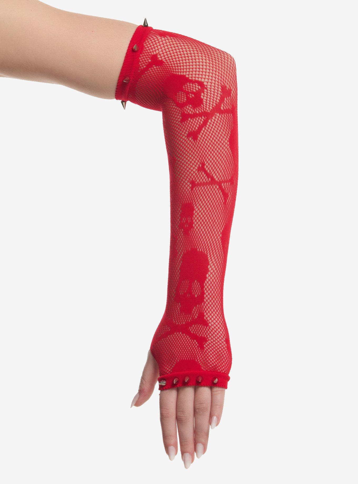 Red Skull & Crossbones Spike Fishnet Arm Warmers, , hi-res