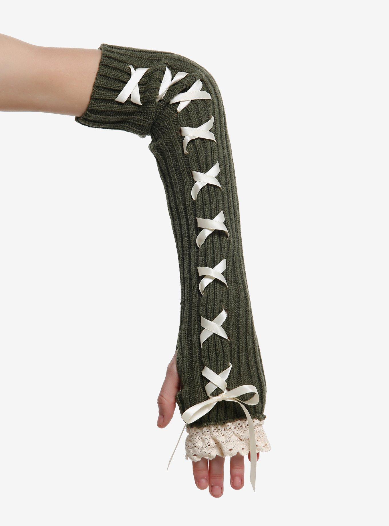 Green Cream Lace Ribbon Arm Warmers, , hi-res