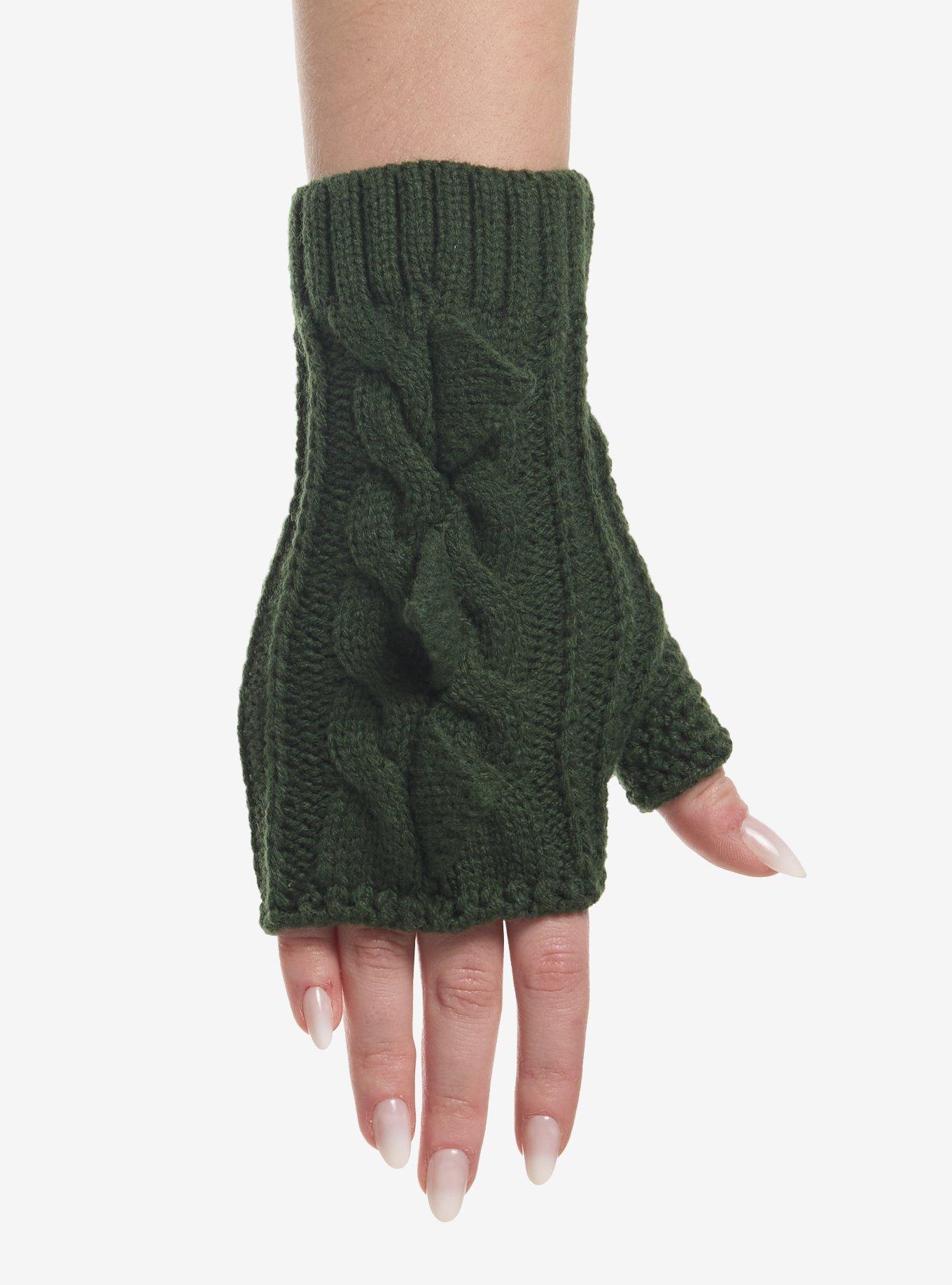Green Cable Knit Dino Spike Fingerless Gloves, , hi-res