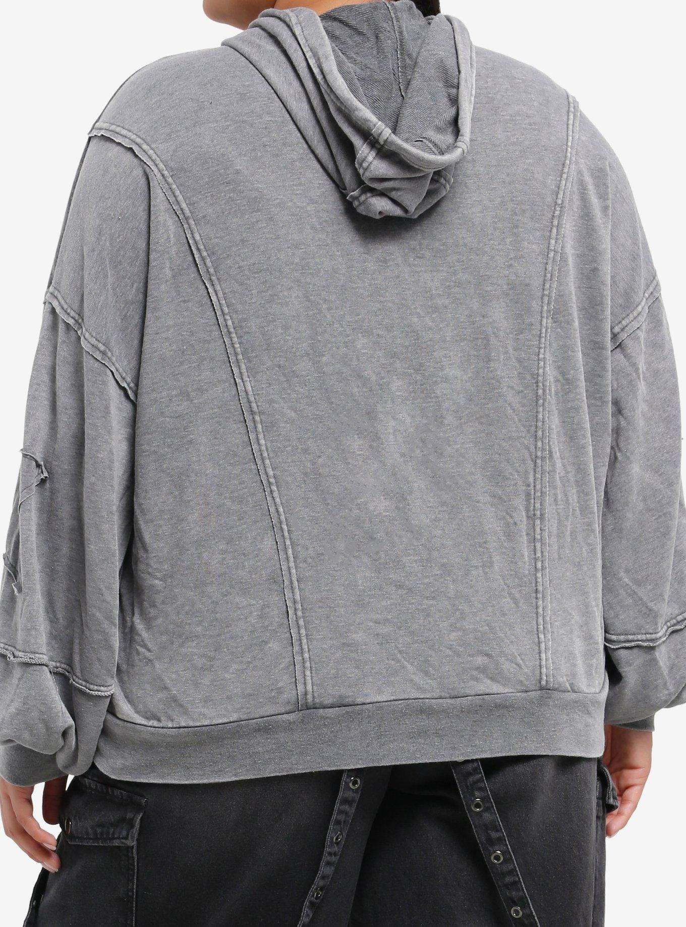 Grey Star Frayed Girls Hoodie Plus Size, GREY, alternate