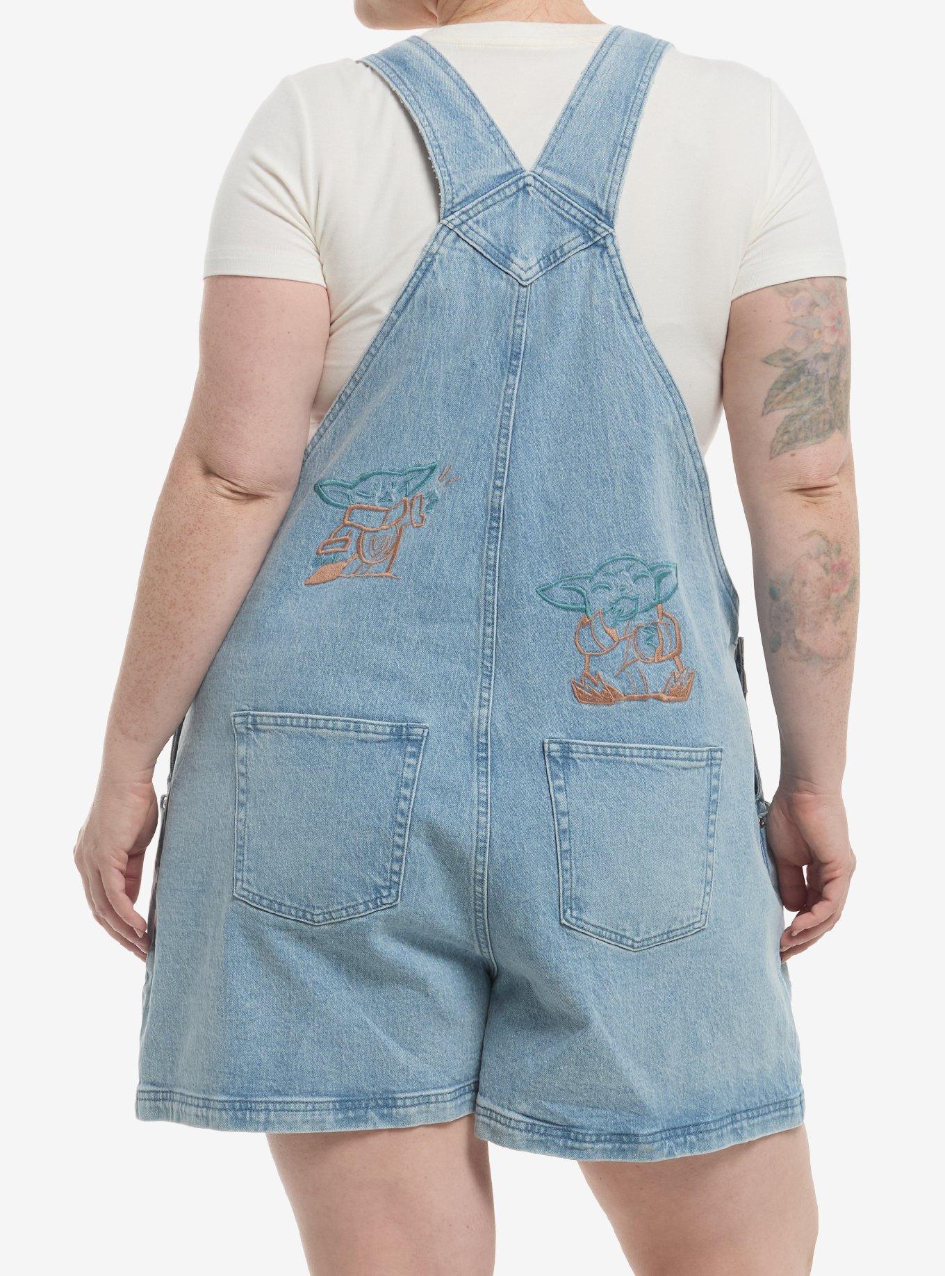 Her Universe Star Wars The Mandalorian And Grogu Line Art Grogu Denim Shortalls Plus Size, LIGHT WASH, alternate - view 3