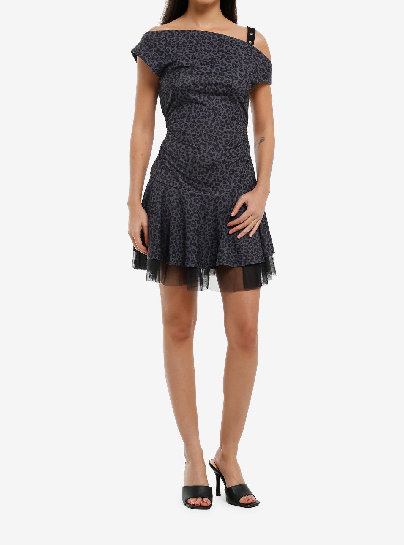 Social Collision Grey Leopard Cold-Shoulder Dress, , hi-res