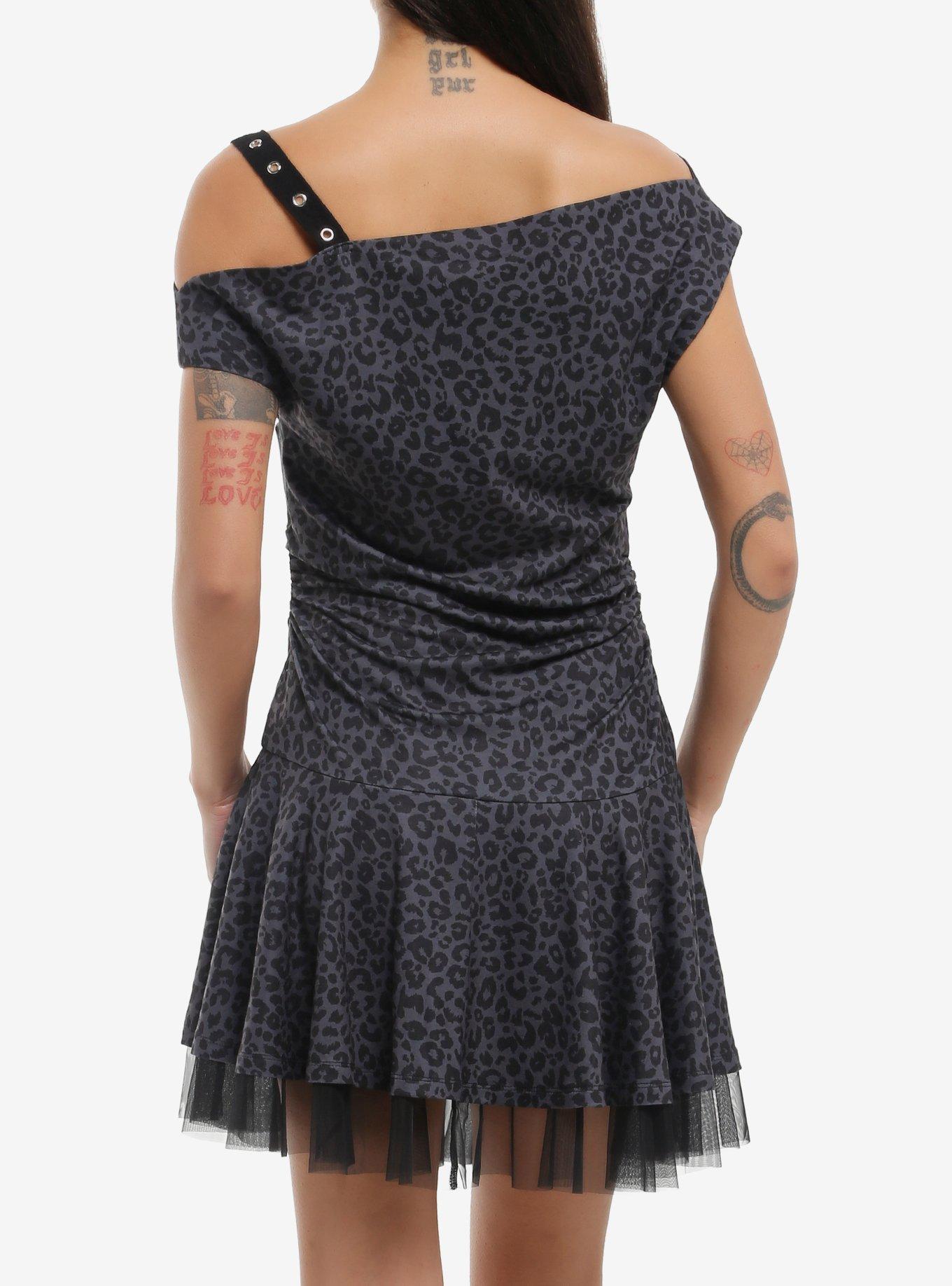 Social Collision Grey Leopard Cold-Shoulder Dress, BLACK, alternate