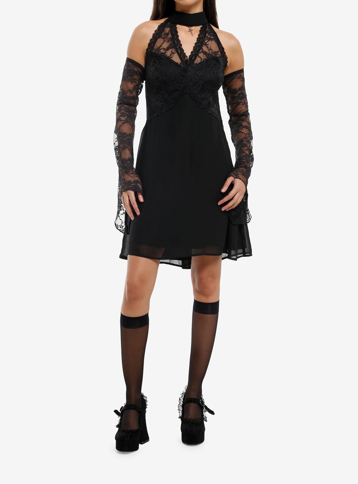 Cosmic Aura Black Lace-Sleeve Cold-Shoulder Dress, , hi-res