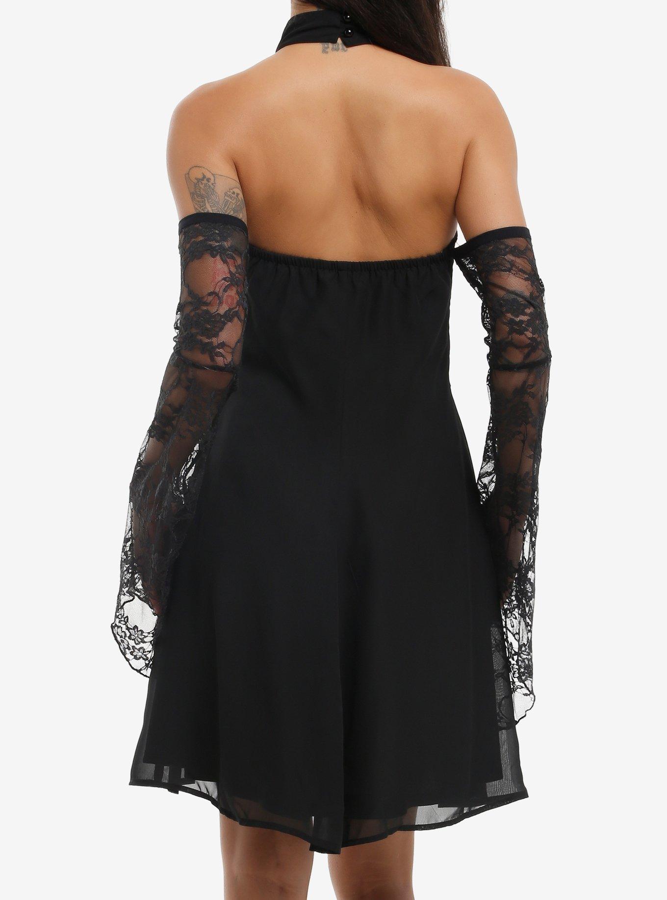 Cosmic Aura Black Lace-Sleeve Cold-Shoulder Dress, BLACK, alternate