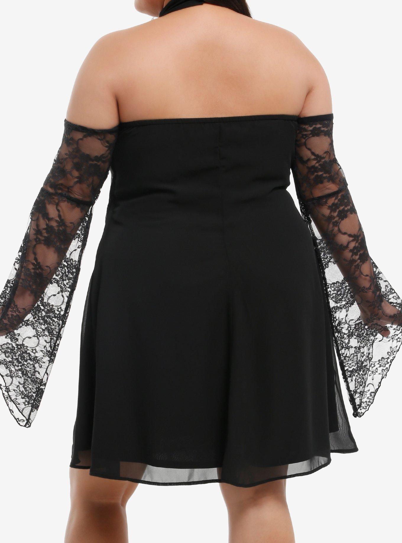 Cosmic Aura Black Lace-Sleeve Cold-Shoulder Dress Plus Size, , hi-res