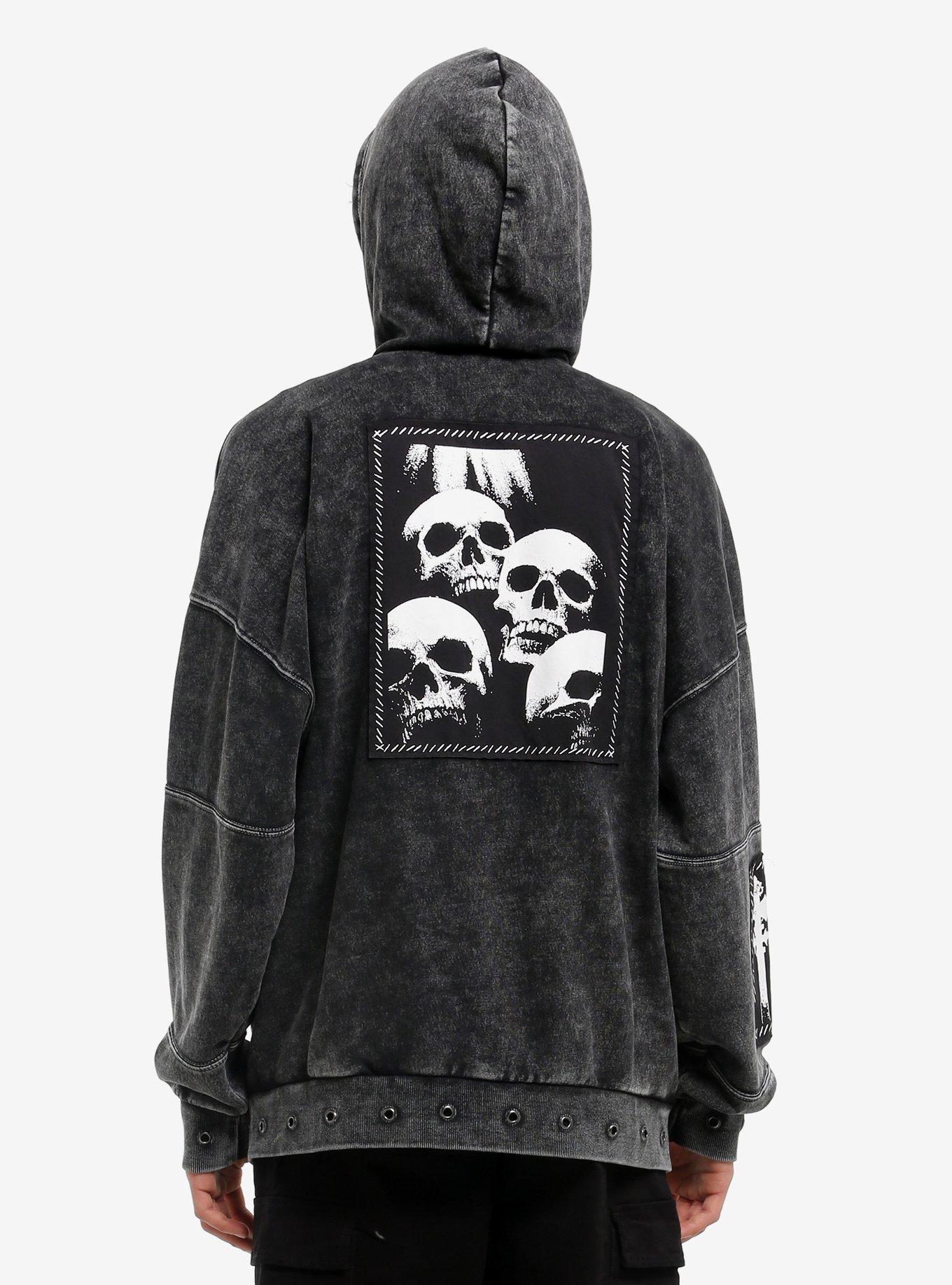 Gothic Patch Grommet Mineral Wash Hoodie, GREY, alternate