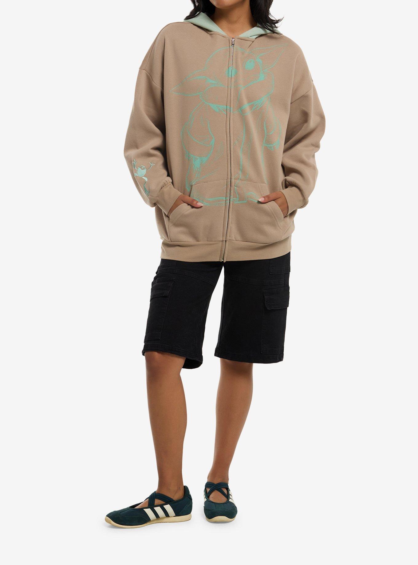 Her Universe Star Wars The Mandalorian And Grogu Line Art Grogu Girls Hoodie, GREEN  OLIVE, alternate