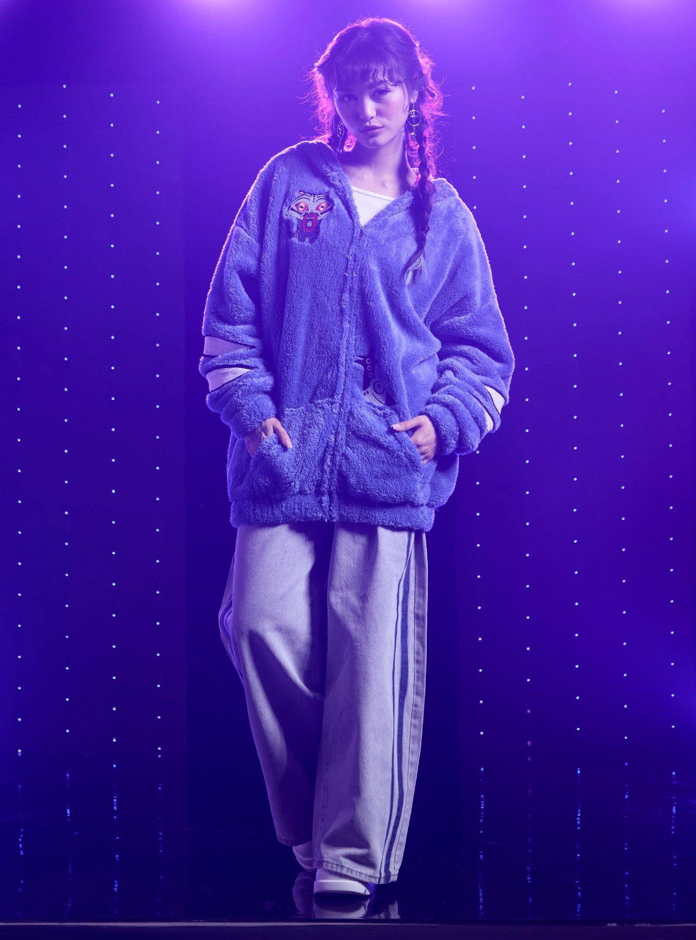 KPop Demon Hunters Derpy Tiger Character Patch Girls Fuzzy Hoodie, MULTI, alternate