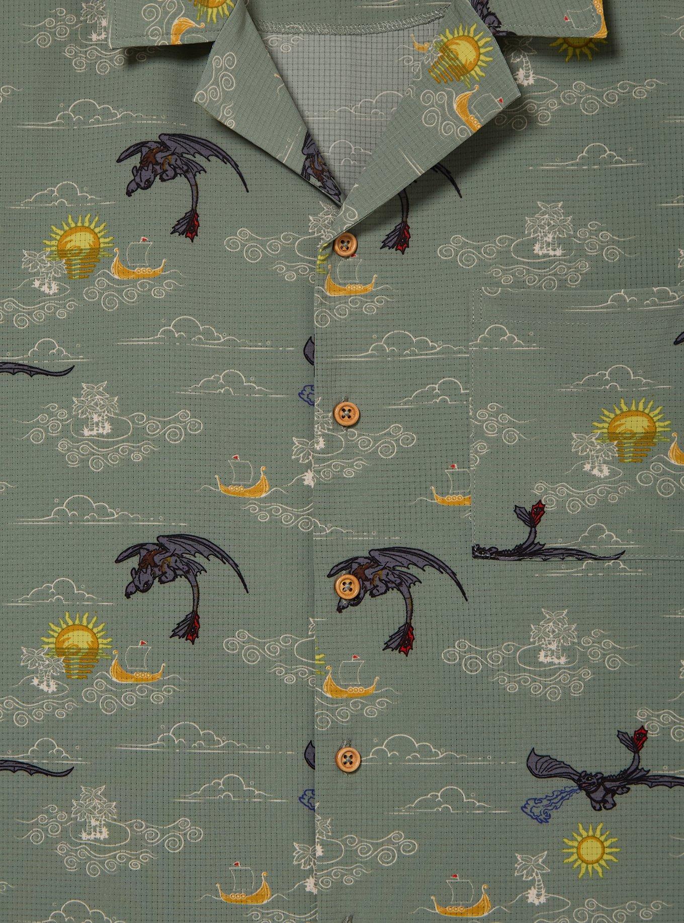 DreamWorks How To Train Your Dragon Toothless Clouds Allover Print Woven Button-Up - BoxLunch Exclusive, GREEN, alternate