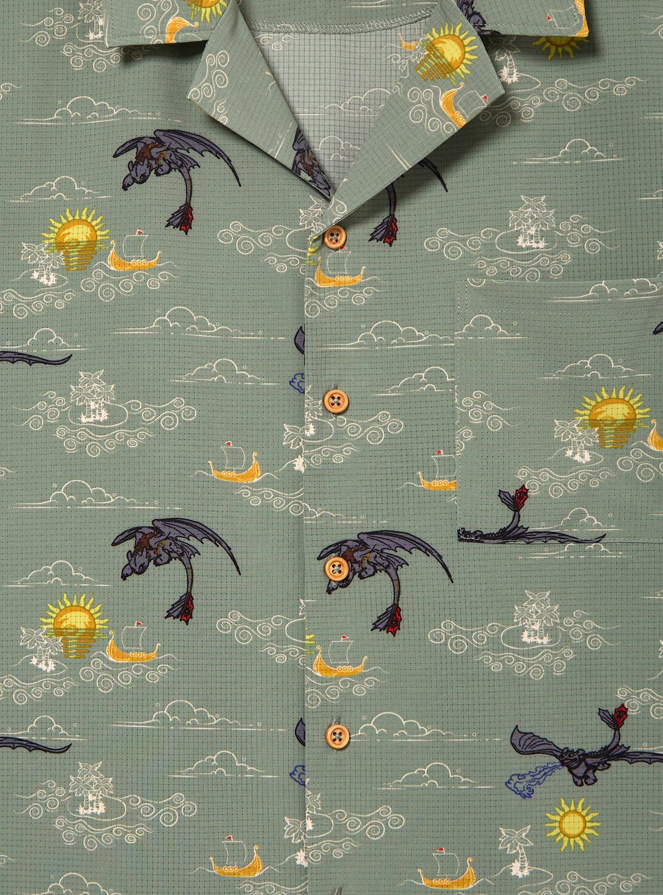 DreamWorks How To Train Your Dragon Toothless Clouds Allover Print Woven Button-Up - BoxLunch Exclusive, GREEN, alternate
