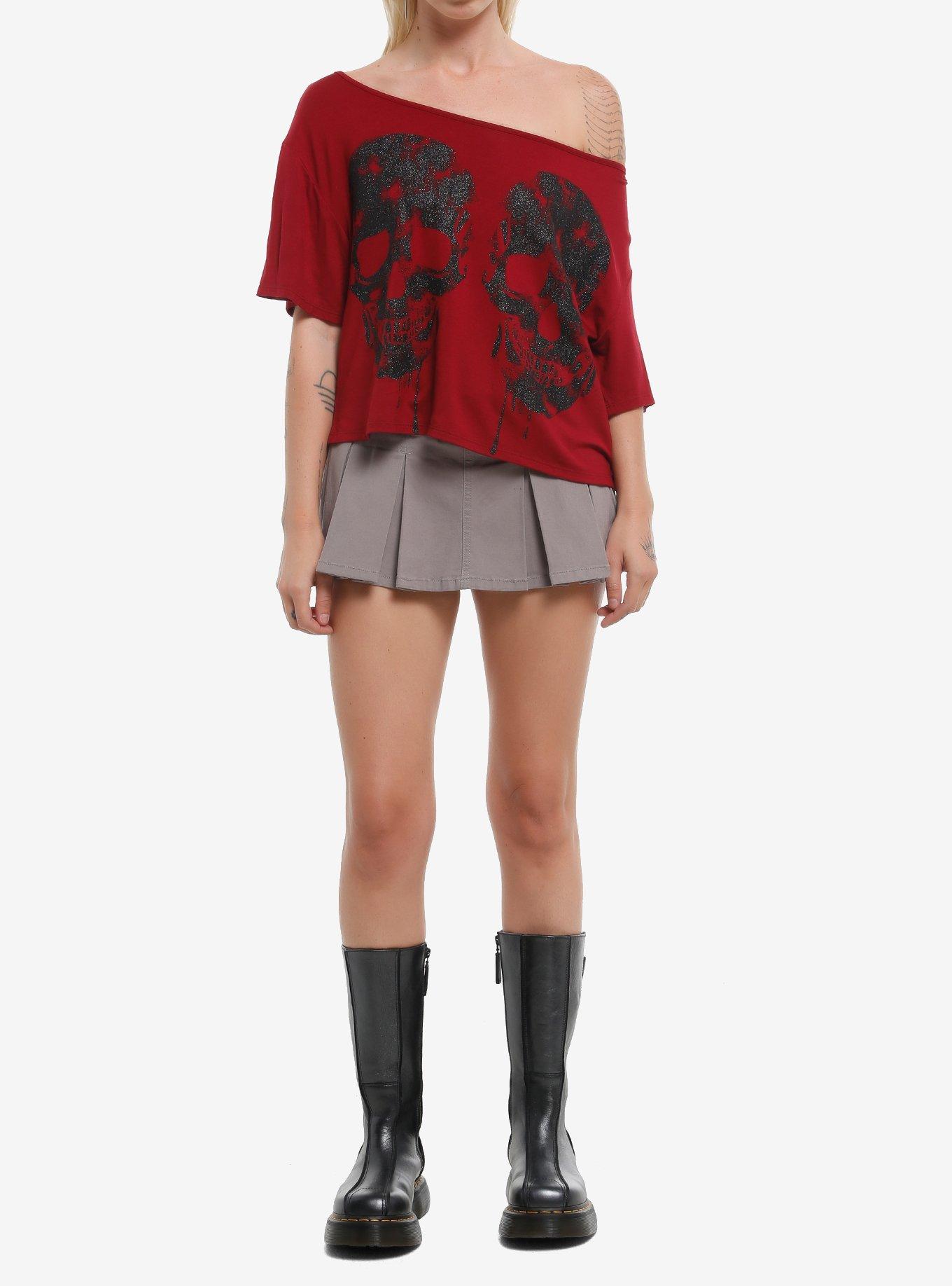 Maroon & Black Glitter Skull Off-Shoulder Girls T-Shirt, , hi-res
