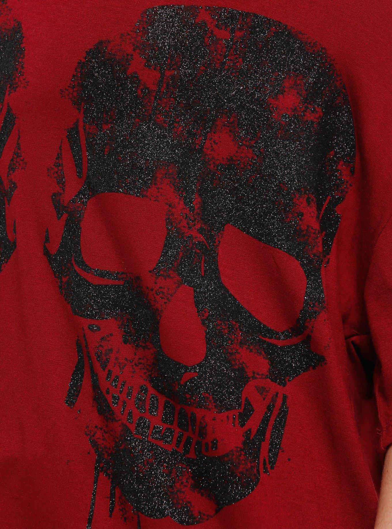 Maroon & Black Glitter Skull Off-Shoulder Girls T-Shirt, BLACK, alternate