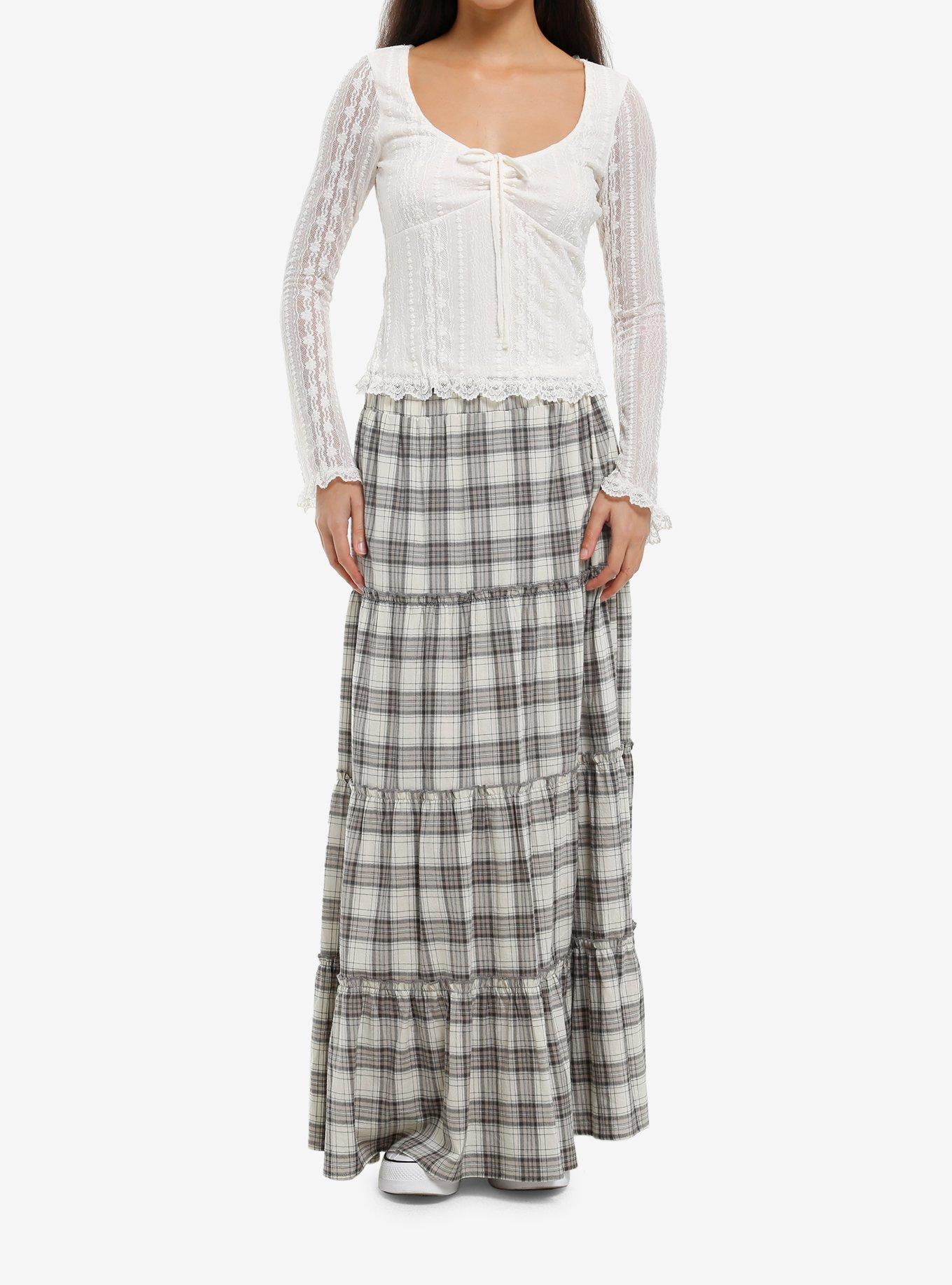 White Lace Empire Girls Long-Sleeve Top, , hi-res