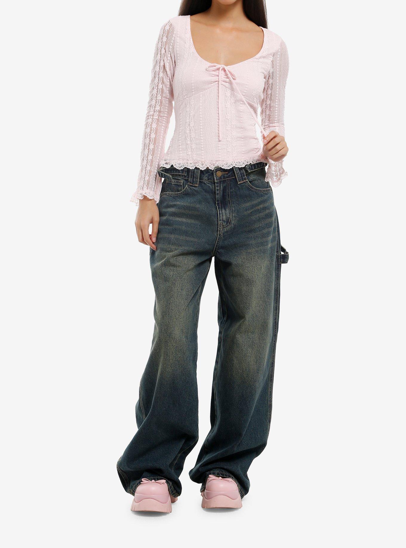 Pink Lace Empire Girls Long-Sleeve Top, , hi-res