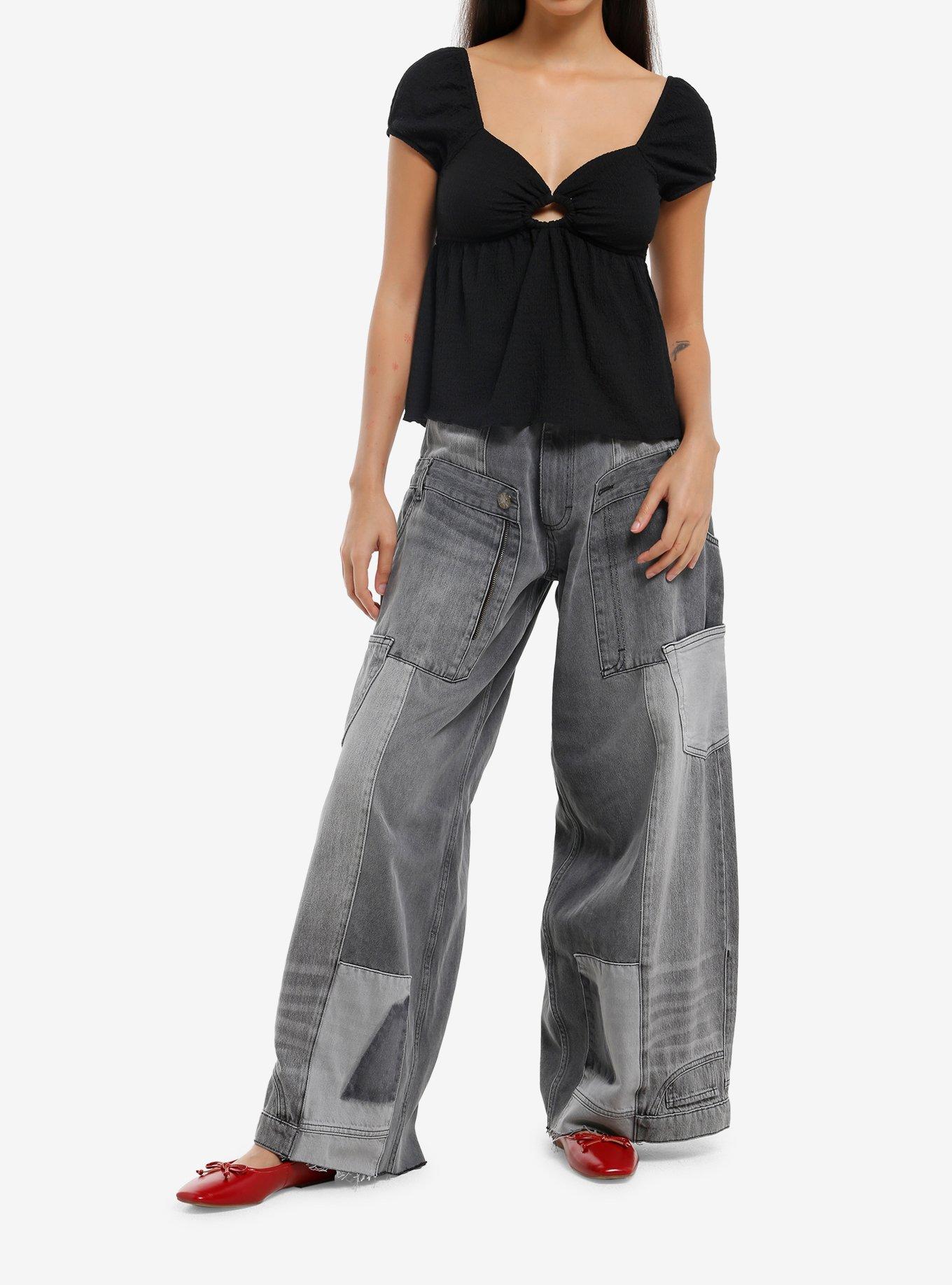 Black Ruched Puff Sleeve Girls Top, , hi-res