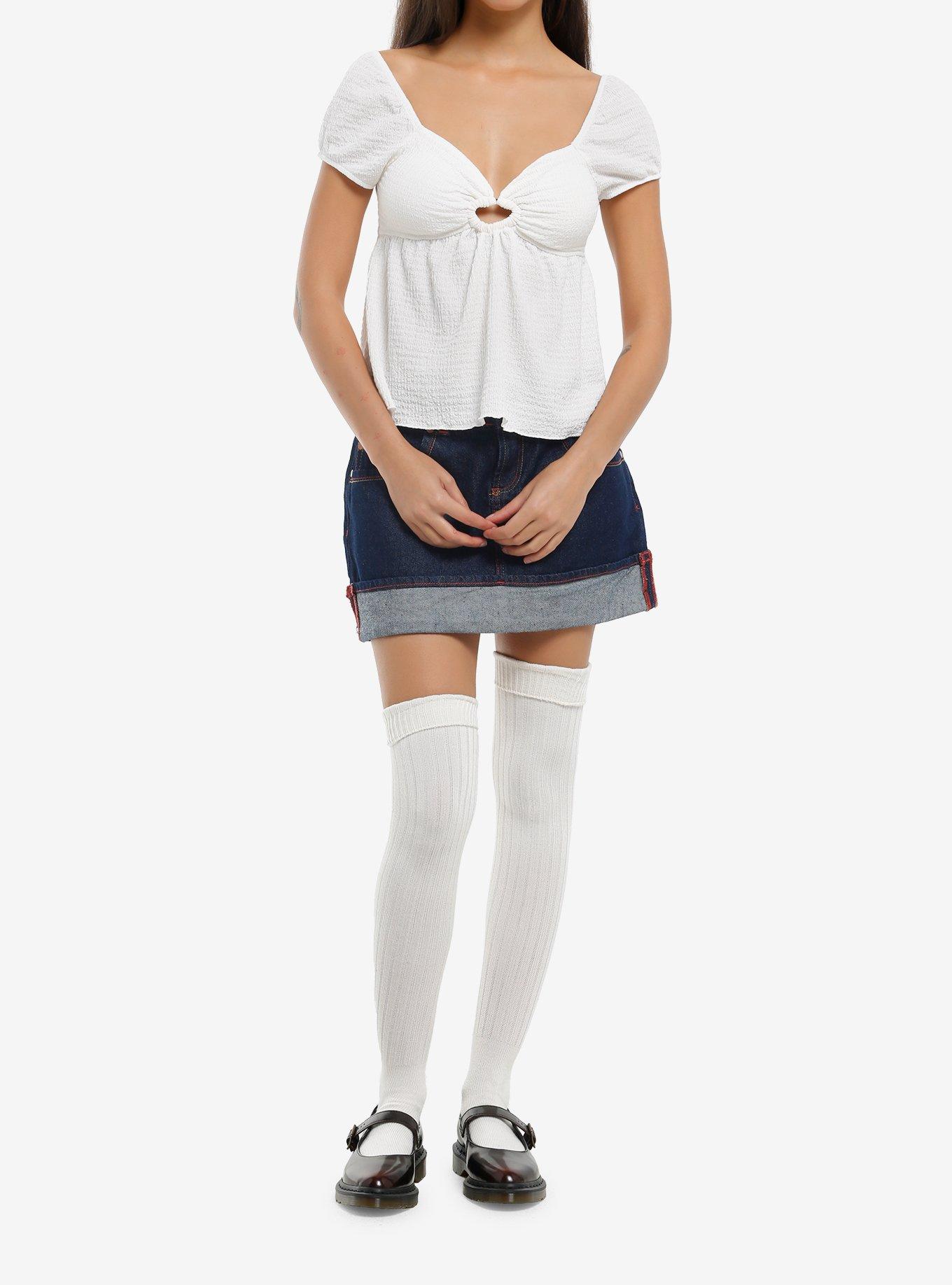 White Ruched Puff Sleeve Girls Top, , hi-res