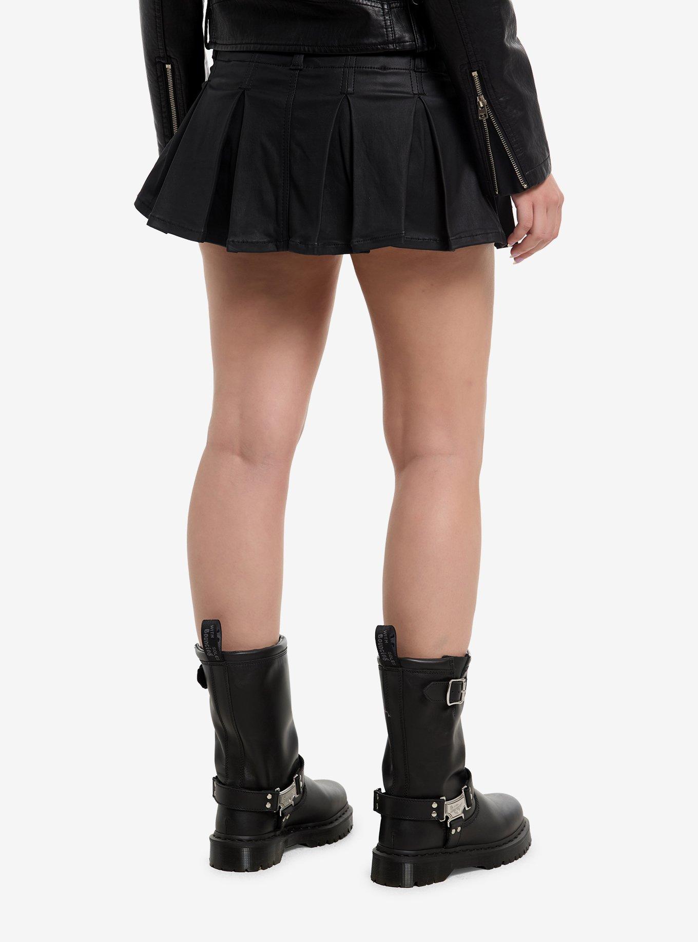 Black Faux Leather Pleated Micro Skort, , hi-res