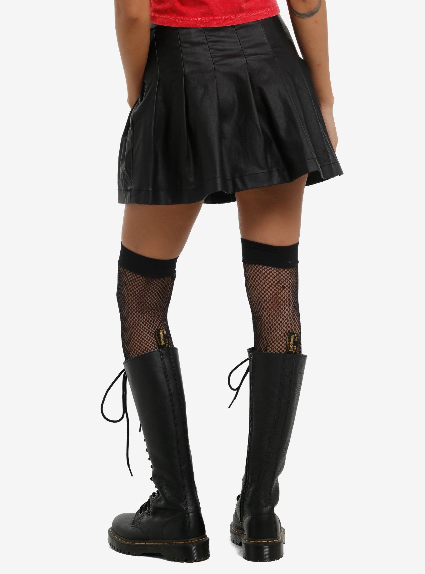 Black Pleated Faux Leather Skirt, , hi-res