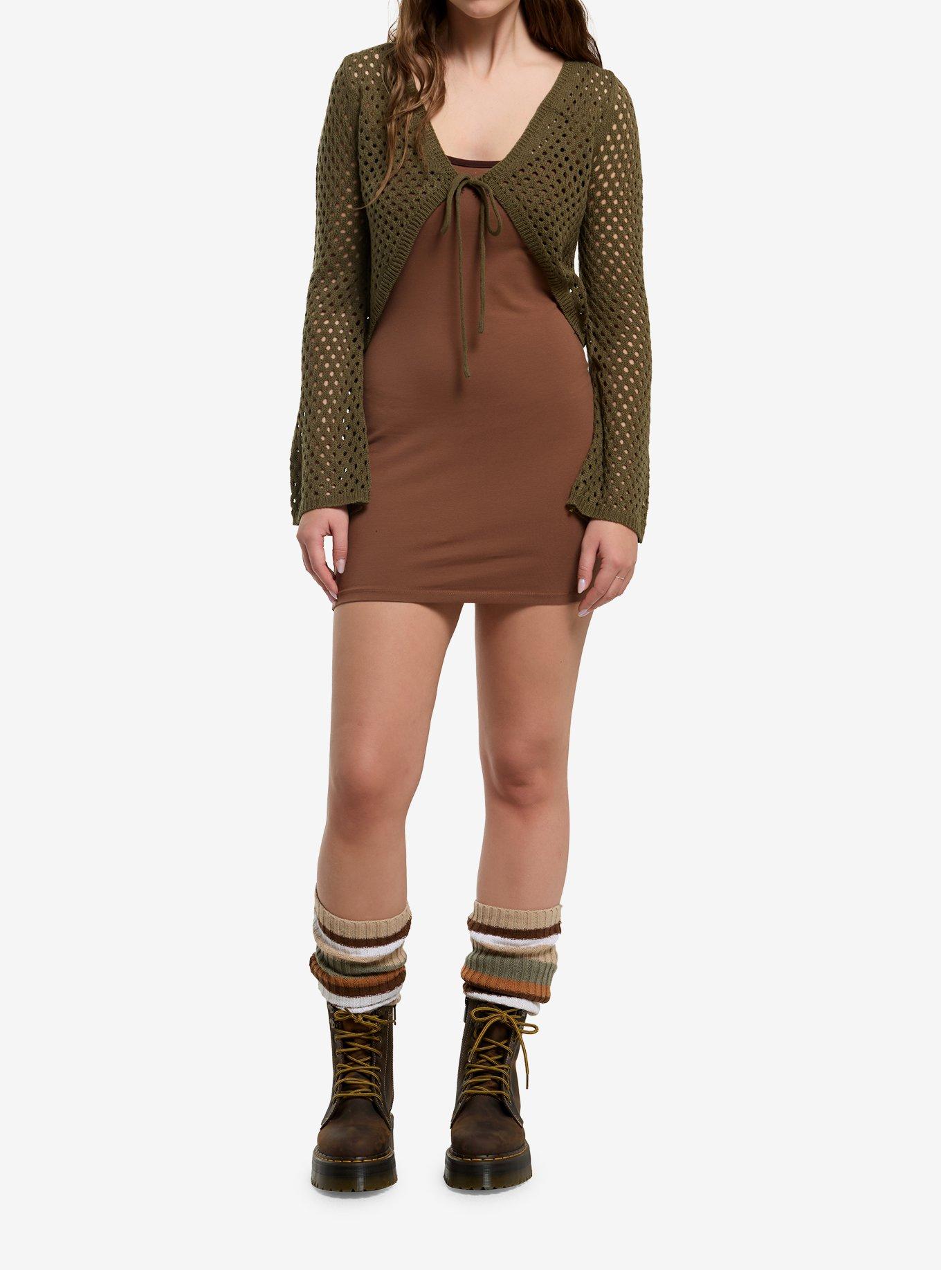 Olive Tie-Front Girls Knit Shrug, , hi-res