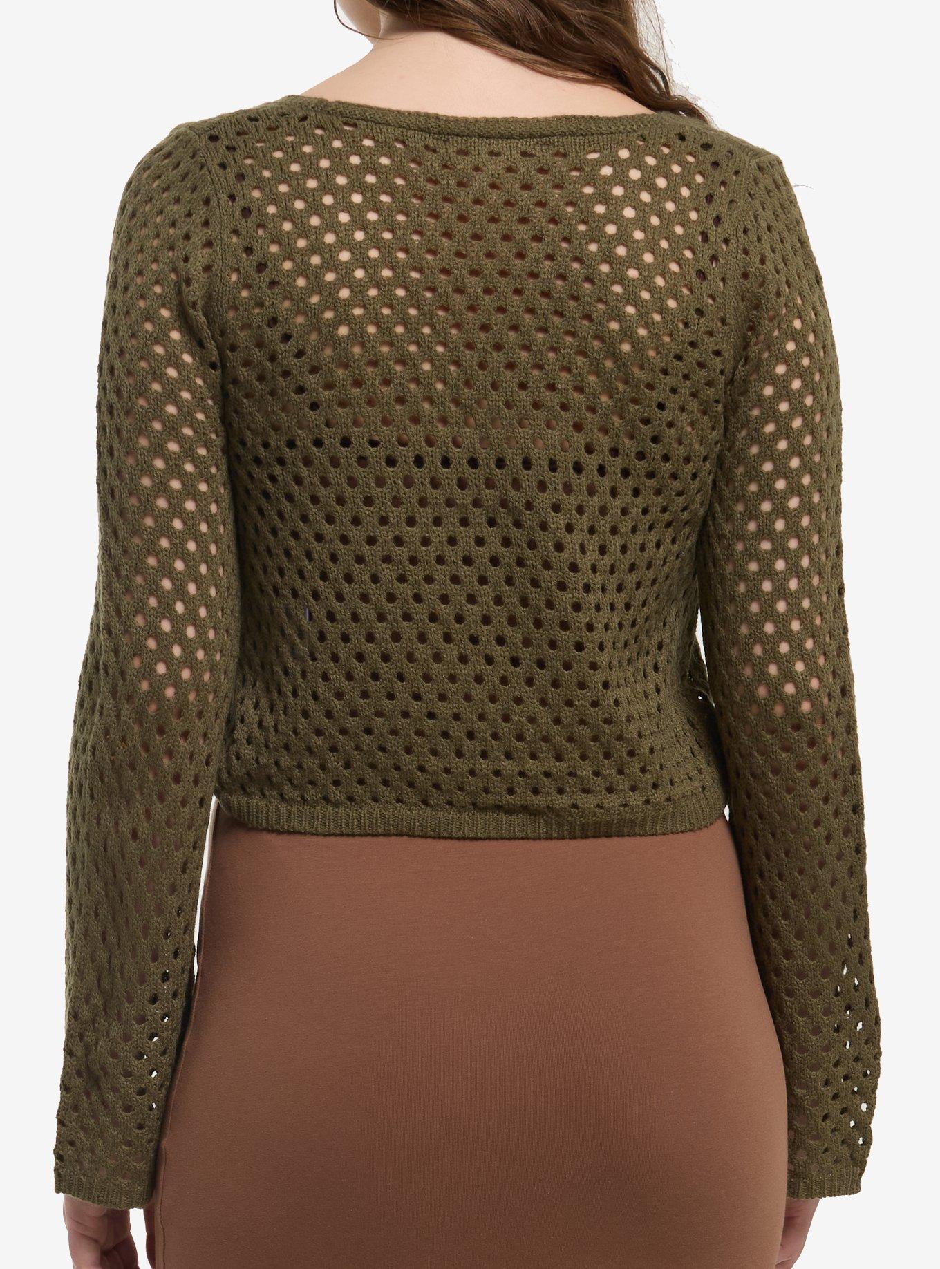 Olive Tie-Front Girls Knit Shrug, MULTI, alternate