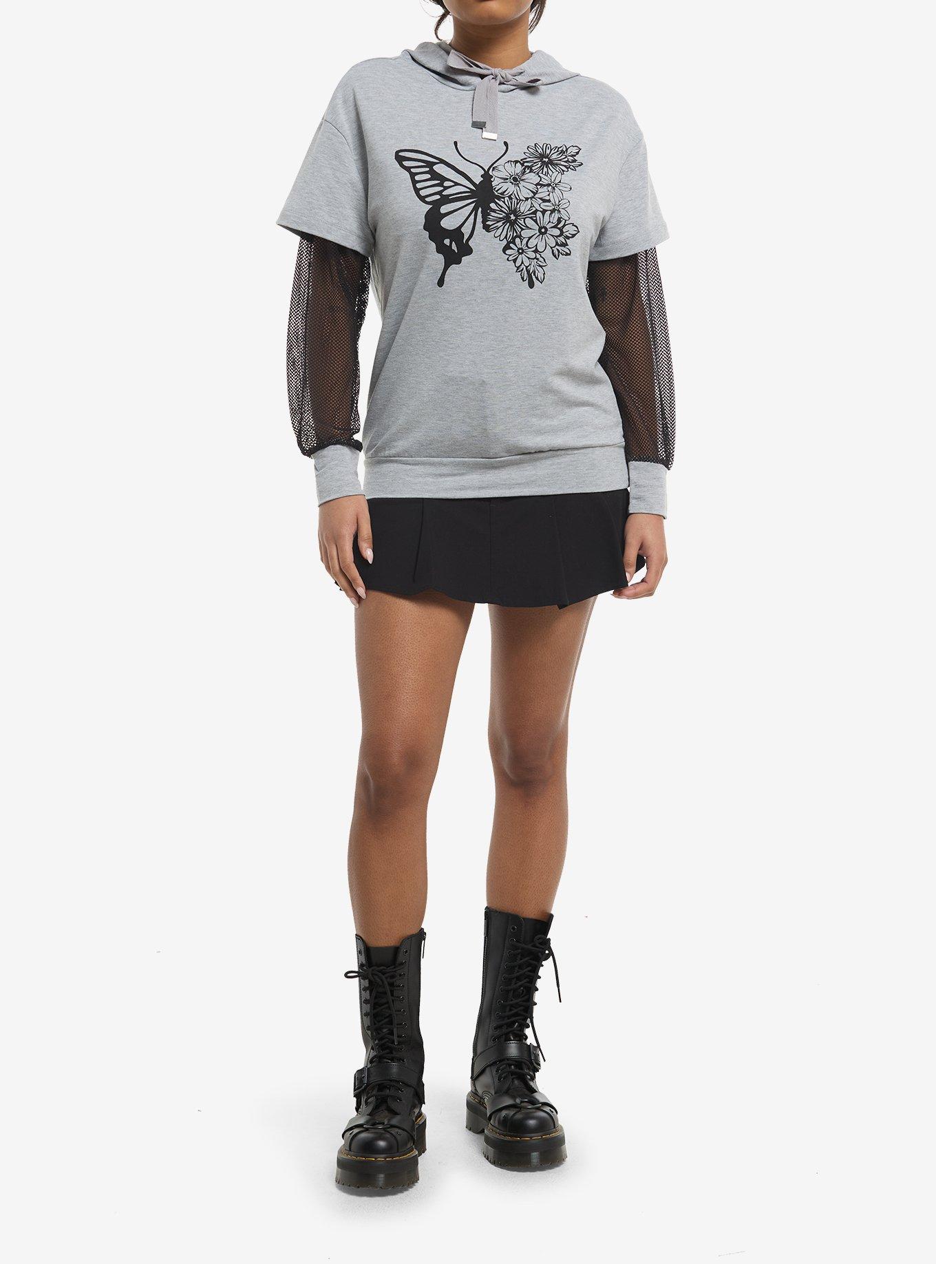 Butterfly Flowers Mesh Girls Twofer Hoodie, MULTI, alternate