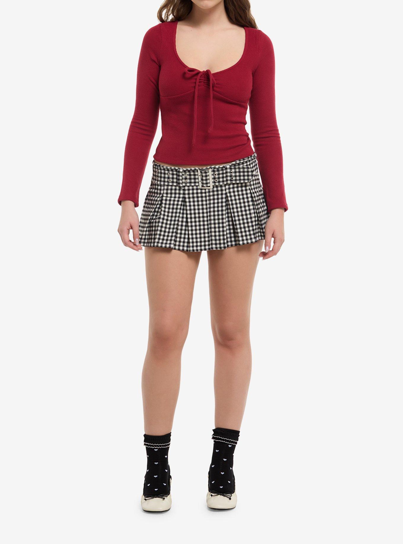 Burgundy Tie-Front Girls Long-Sleeve Top, , hi-res