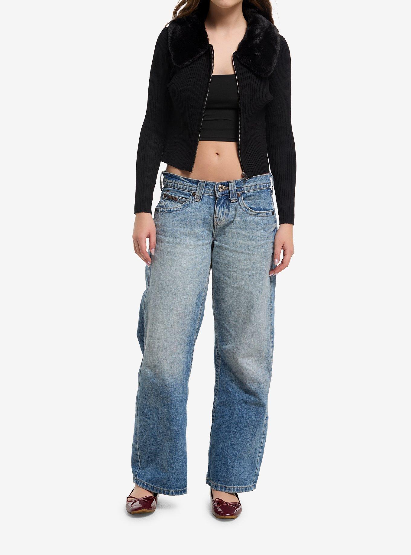 Black Faux Fur Girls Ribbed Cardigan, , hi-res