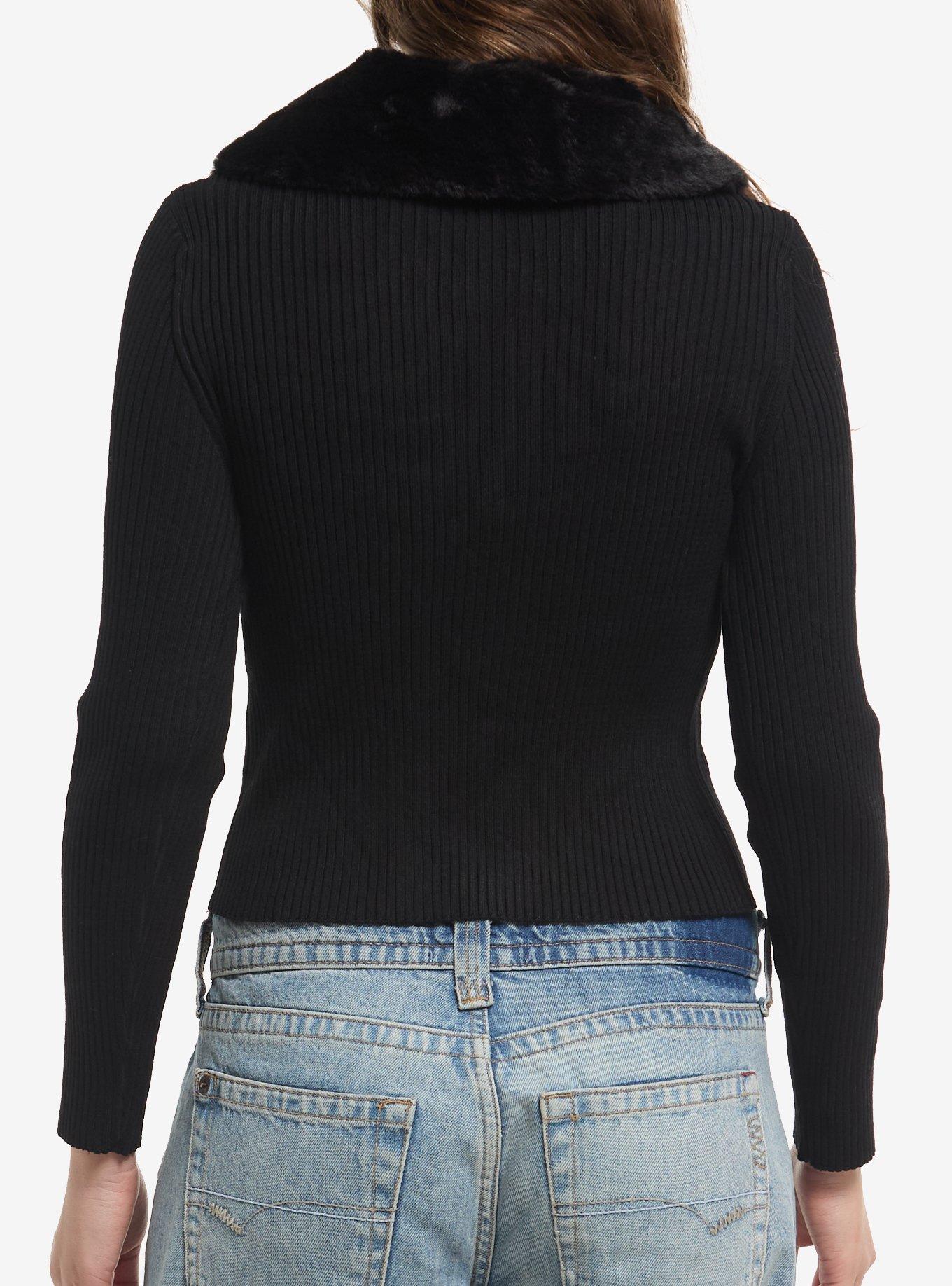 Black Faux Fur Girls Ribbed Cardigan, MULTI, alternate