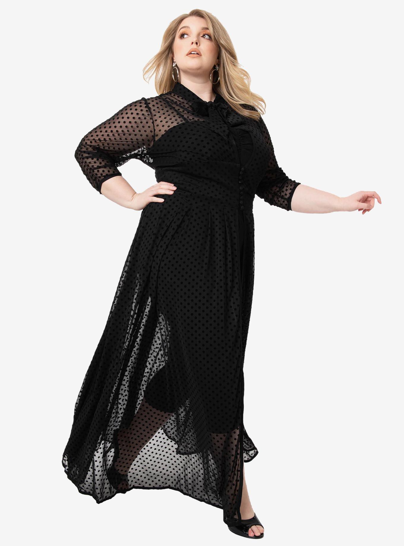 Unique Vintage Plus Size Black Swiss Dot Starlet Duster, , hi-res