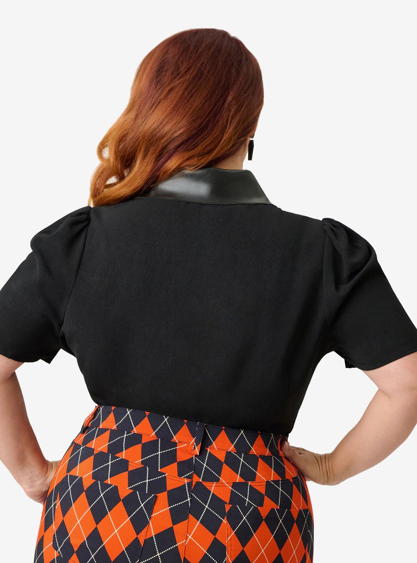 Unique Vintage Plus Size Black Blouse with Embroidered Collar, , hi-res