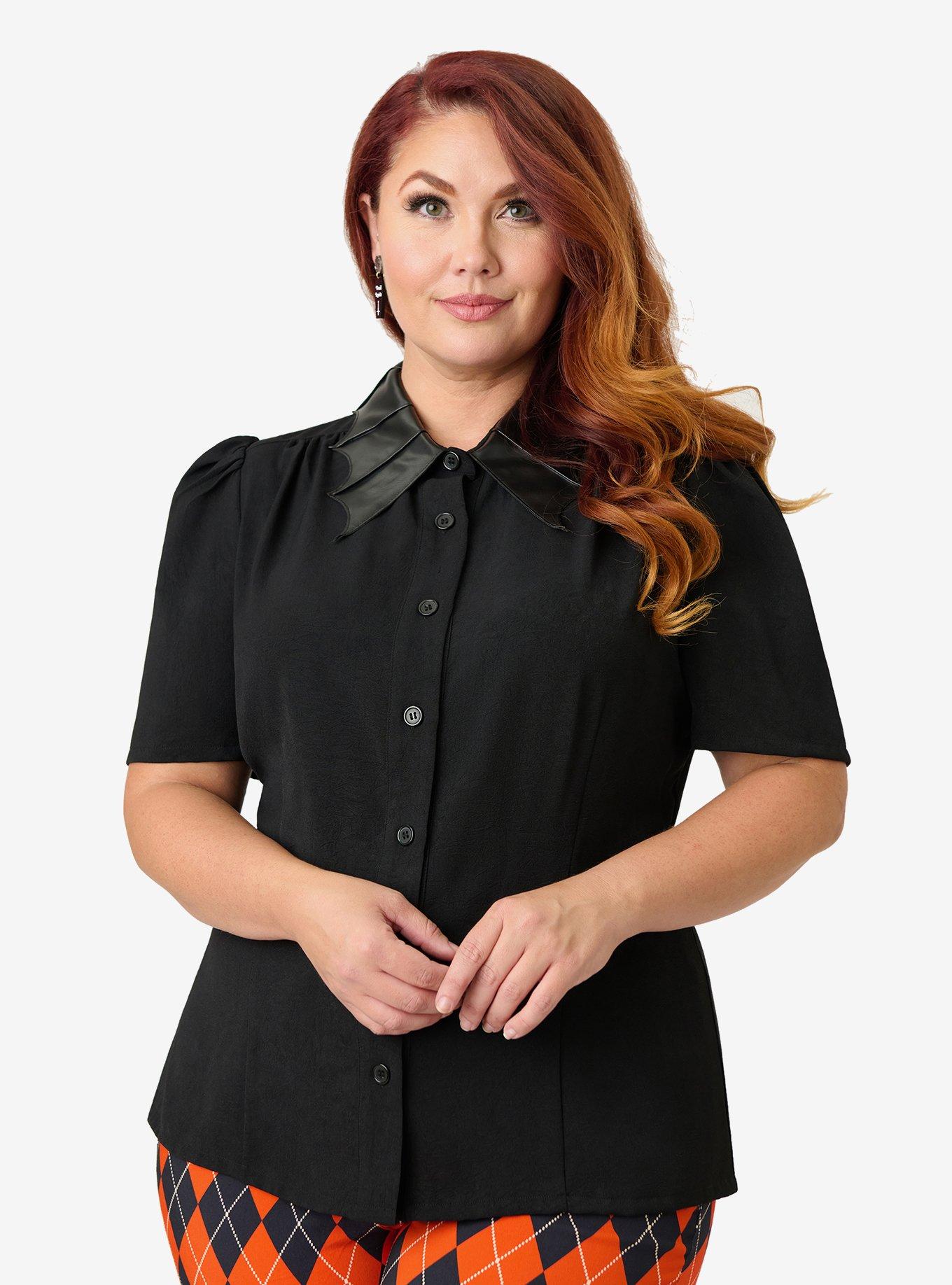Unique Vintage Plus Size Black Blouse with Embroidered Collar, BLACK, alternate