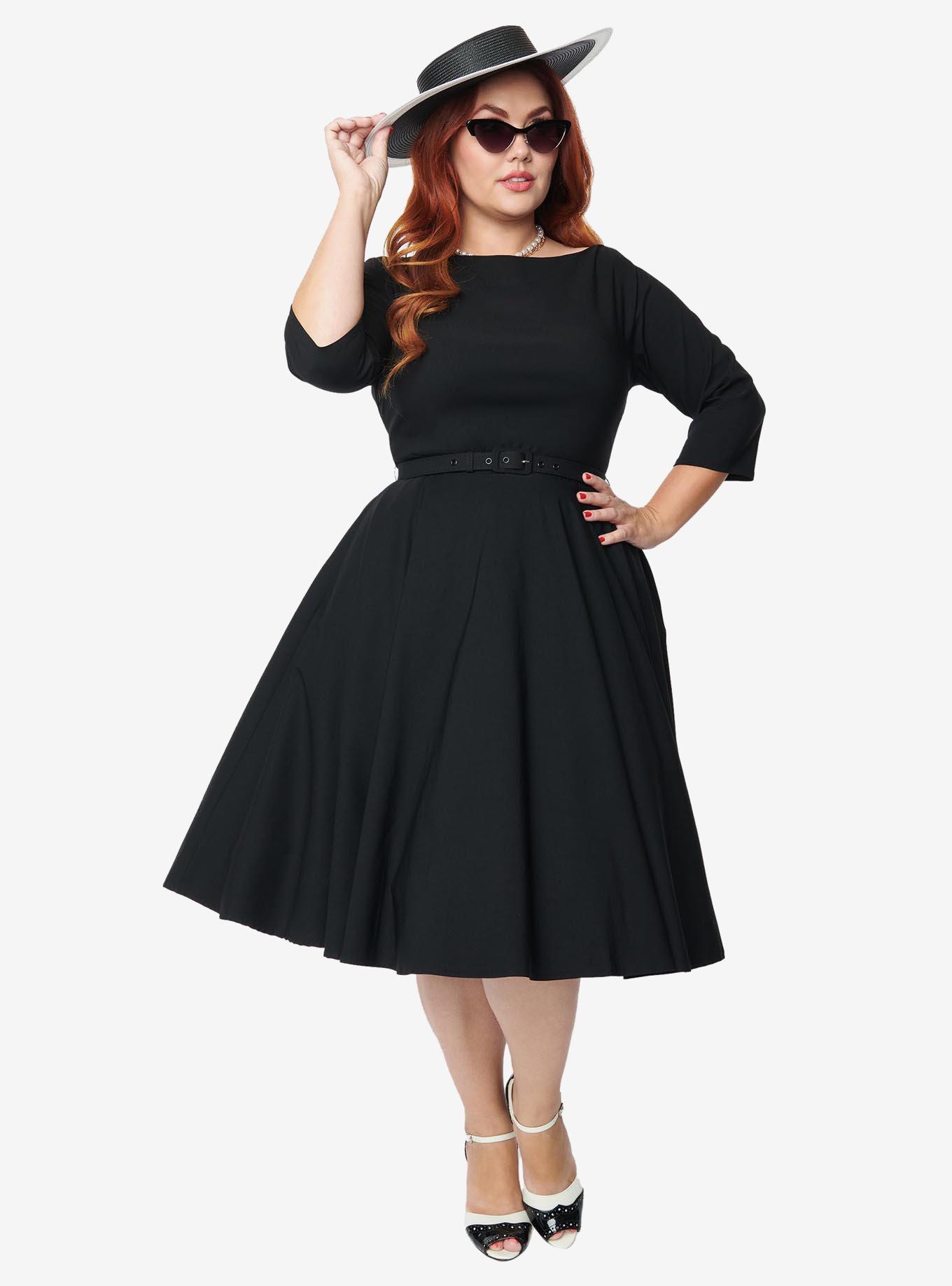 Unique Vintage Plus Size 1950s Black Devon Swing Dress, BLACK, alternate