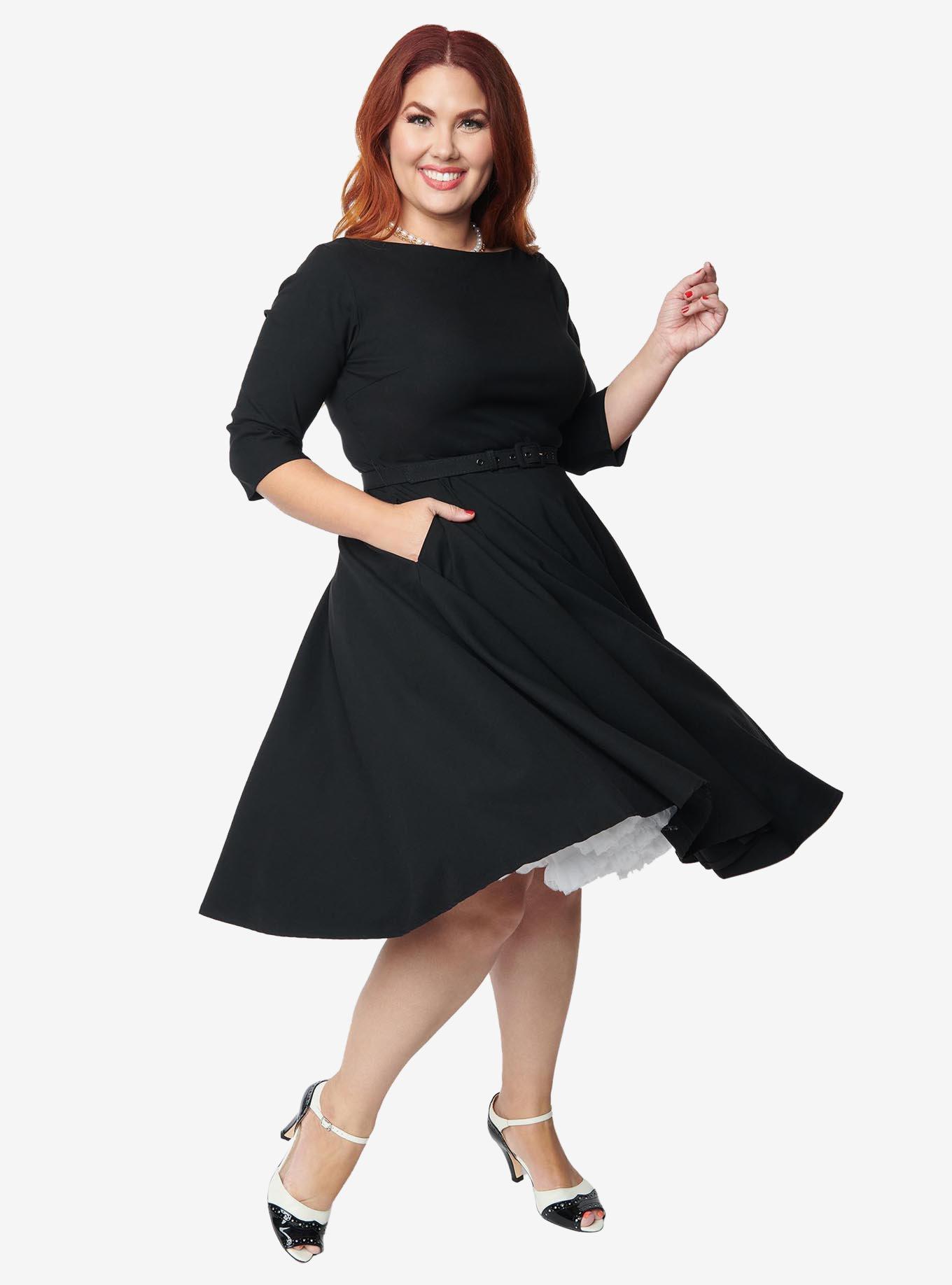 Unique Vintage Plus Size 1950s Black Devon Swing Dress, BLACK, alternate