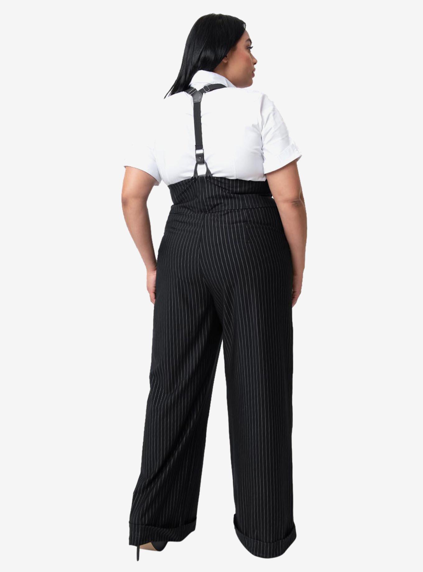 Unique Vintage Plus Size 1930s Black and White Pin Stripe Thelma Suspender Pants, , hi-res